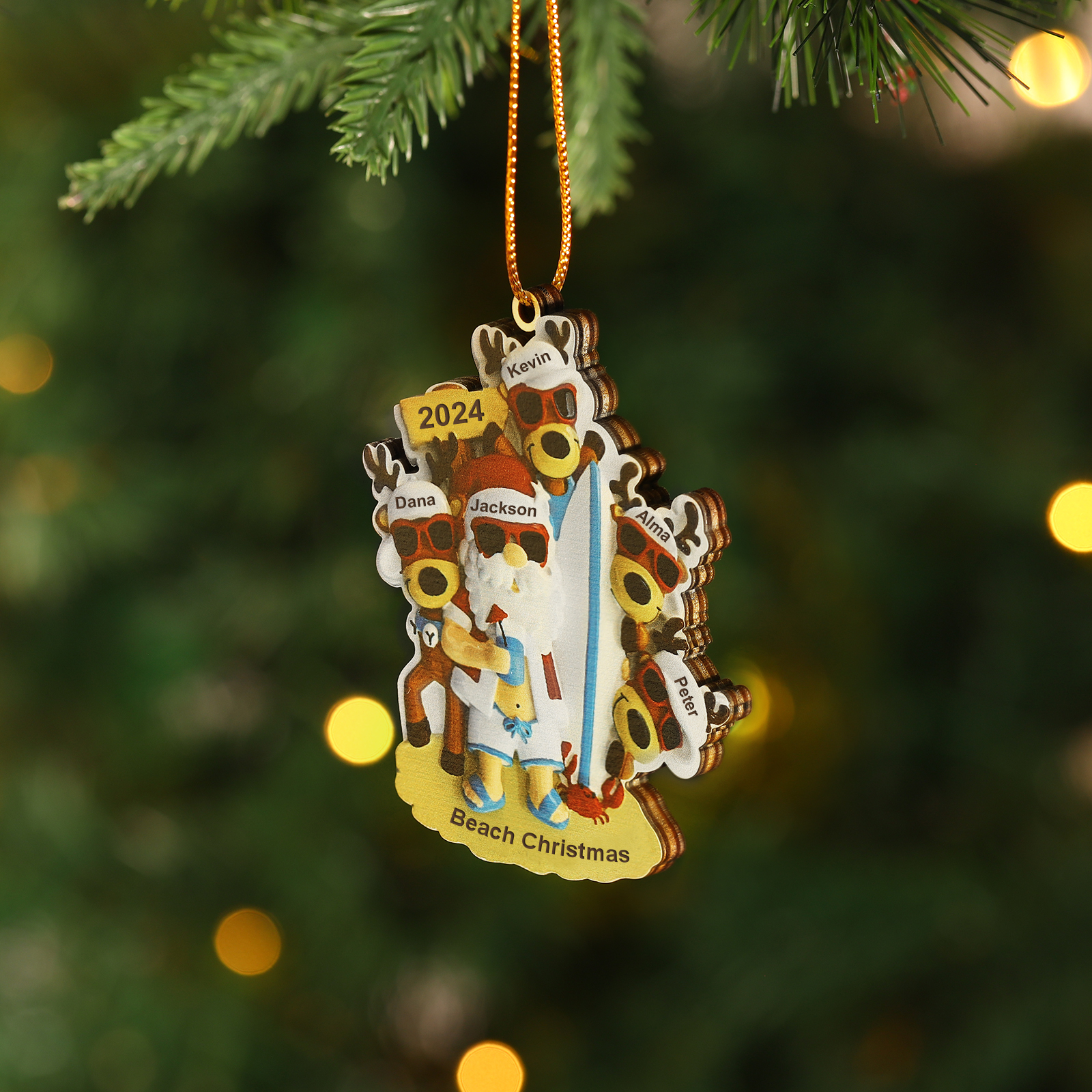Custom Beach Christmas Ornament with Santa & 4 Reindeer – Personalized 5 Names Year & Text for Family Gifts