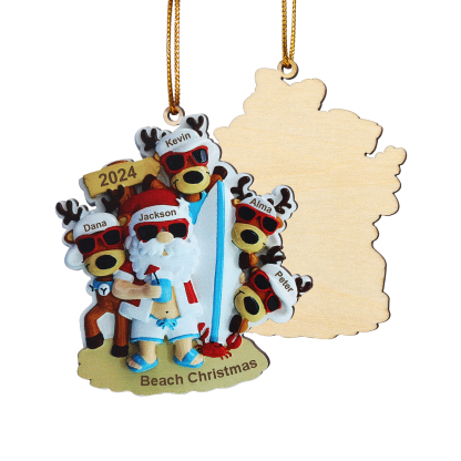Custom Beach Christmas Ornament with Santa & 4 Reindeer – Personalized 5 Names Year & Text for Family Gifts