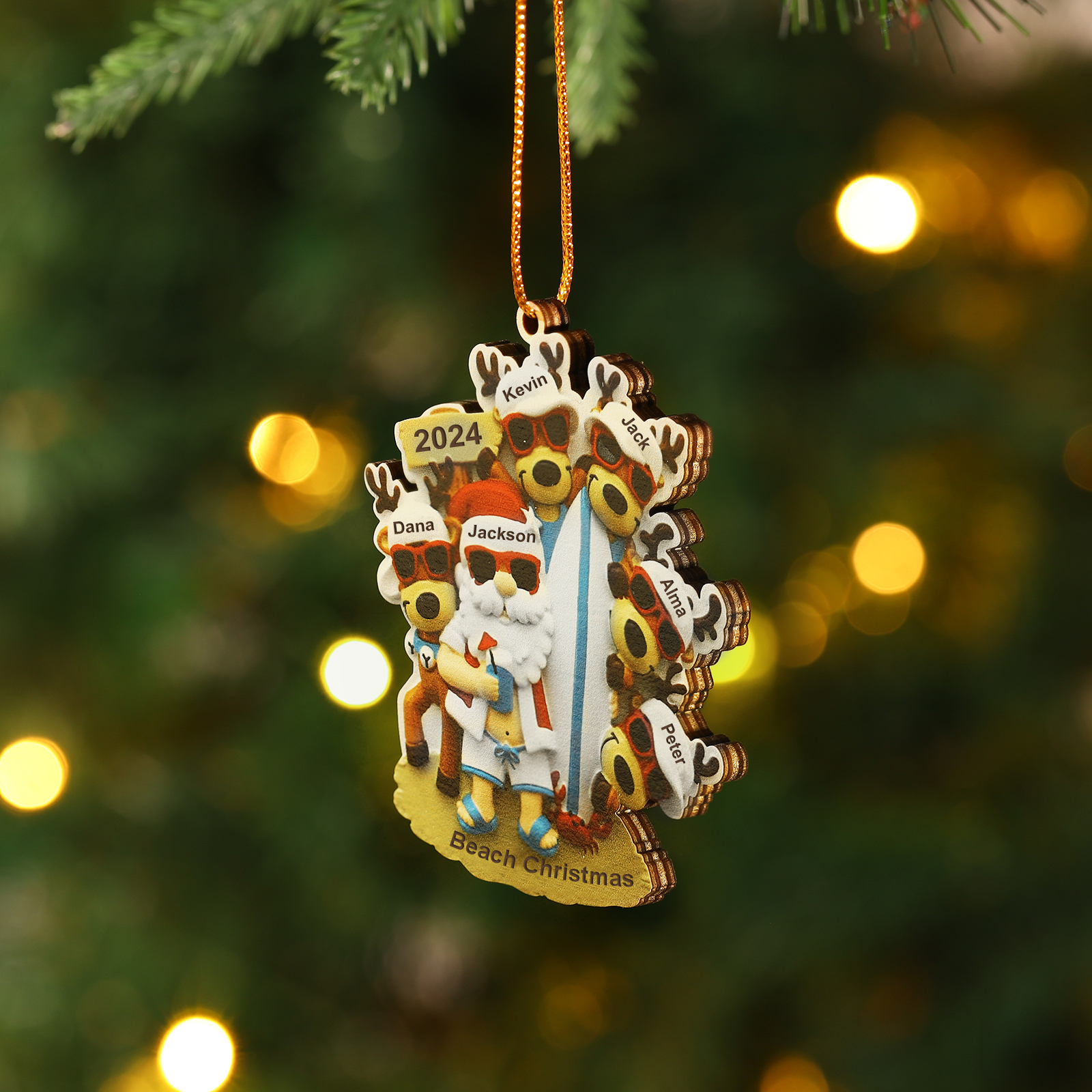 Custom Beach Christmas Ornament with Santa & 5 Reindeer – Personalized 6 Names Year & Text for Family Gifts