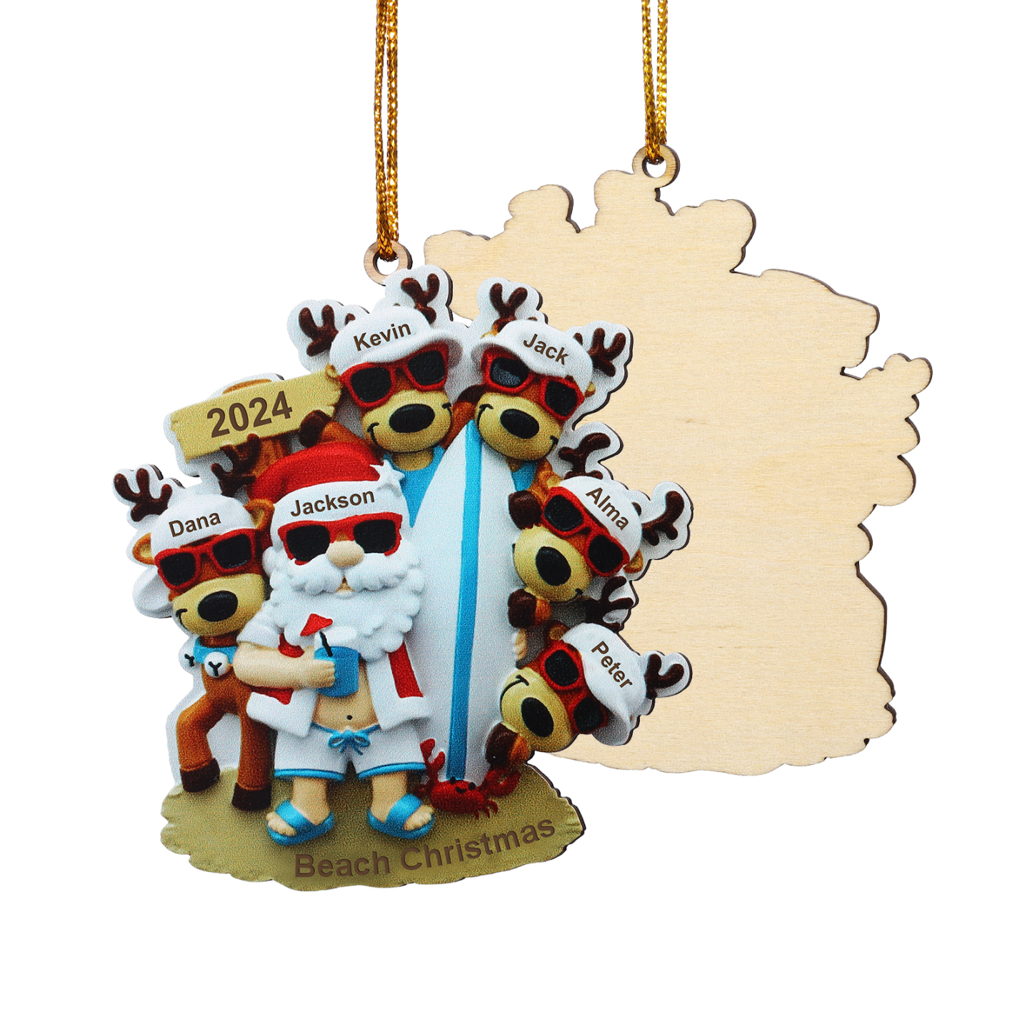 Custom Beach Christmas Ornament with Santa & 5 Reindeer – Personalized 6 Names Year & Text for Family Gifts
