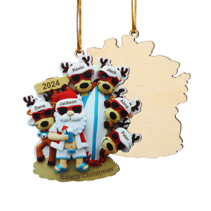 Custom Beach Christmas Ornament with Santa & 5 Reindeer – Personalized 6 Names Year & Text for Family Gifts