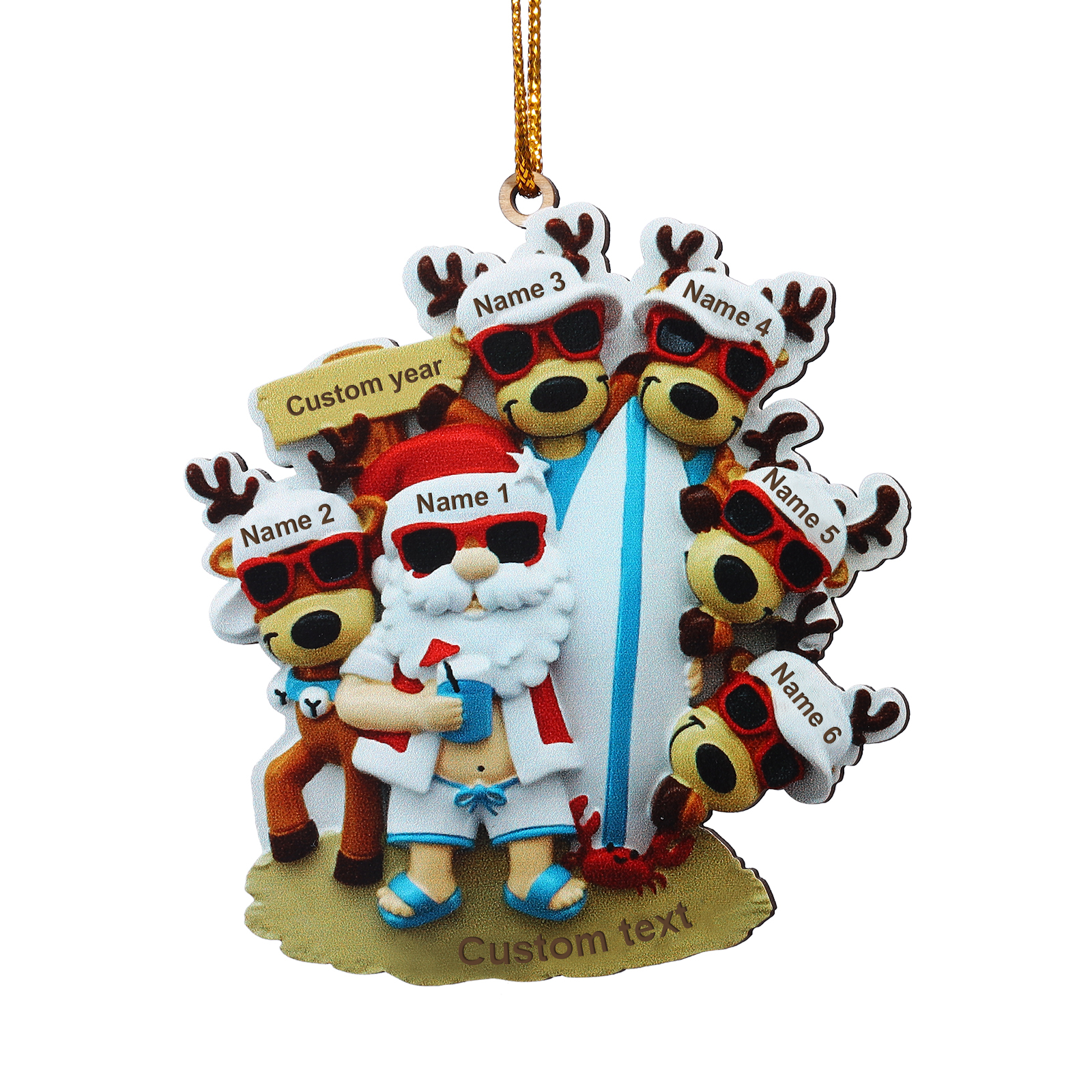 Custom Beach Christmas Ornament with Santa & 5 Reindeer – Personalized 6 Names Year & Text for Family Gifts