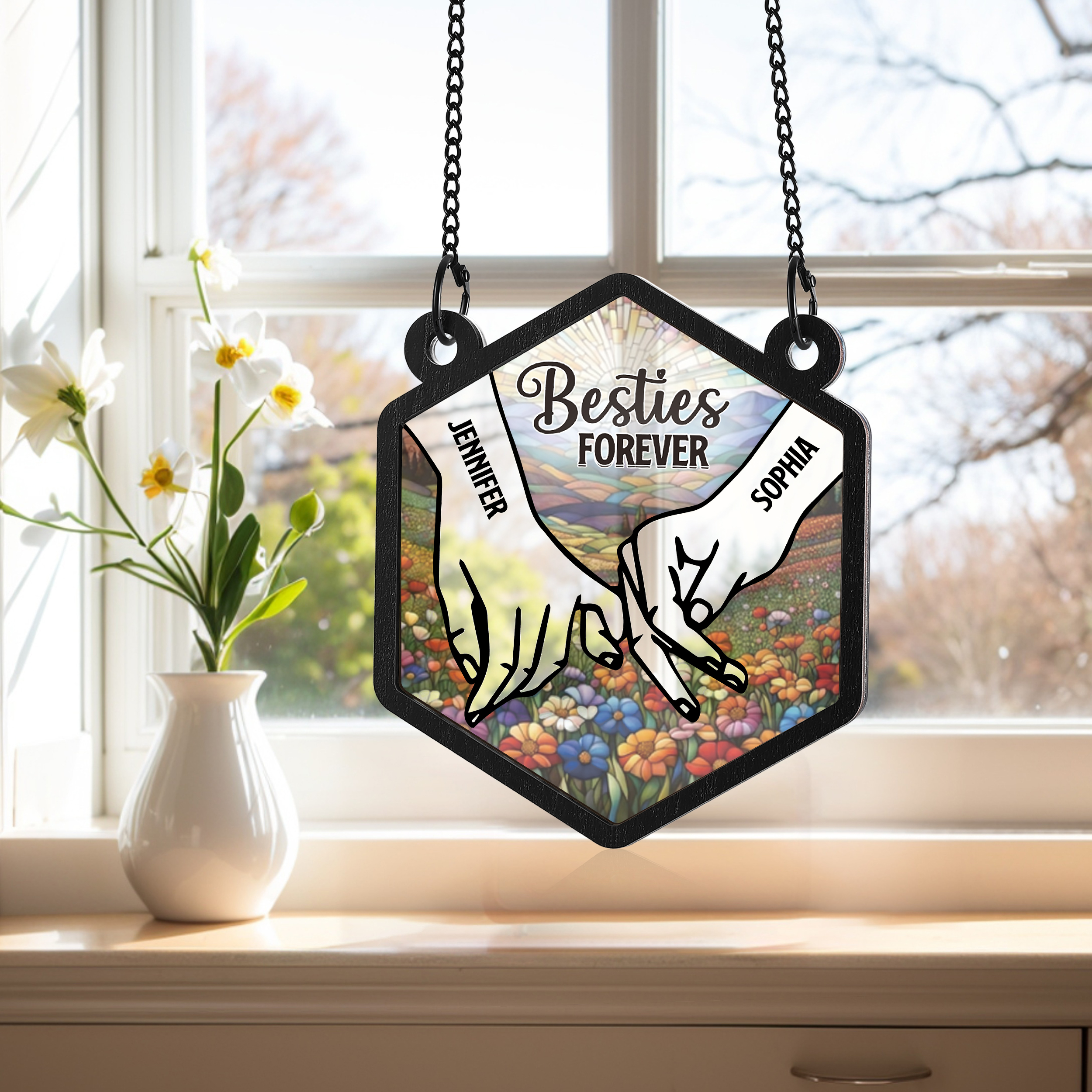 Personalized Sun Catcher for Couples with 2 Names Pinky Promise Design Romantic Light Catcher for Valentine's Day
