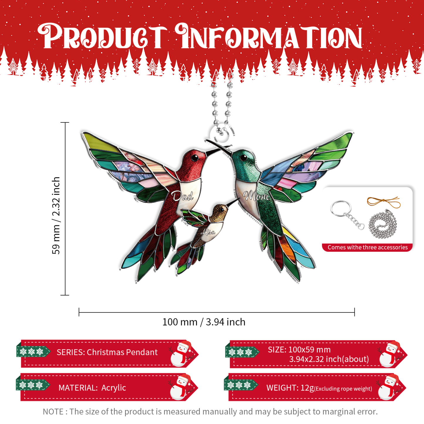 Personalized Hummingbird Family Christmas Ornament Custom 3 Names Gift