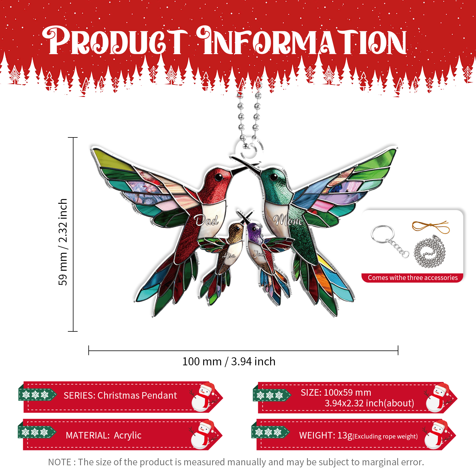 Personalized Hummingbird Family Christmas Ornament Custom 4 Names Gift