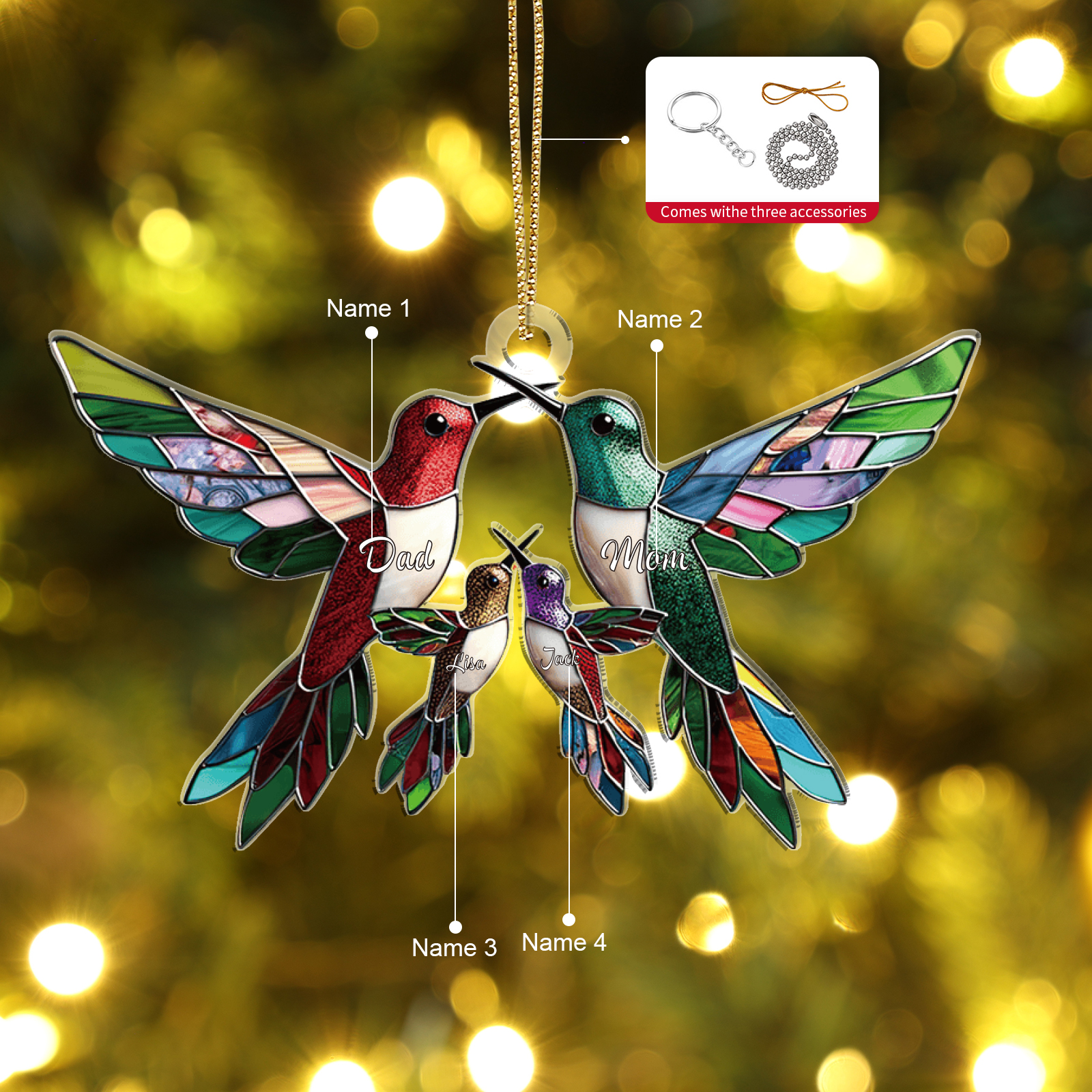 Personalized Hummingbird Family Christmas Ornament Custom 4 Names Gift