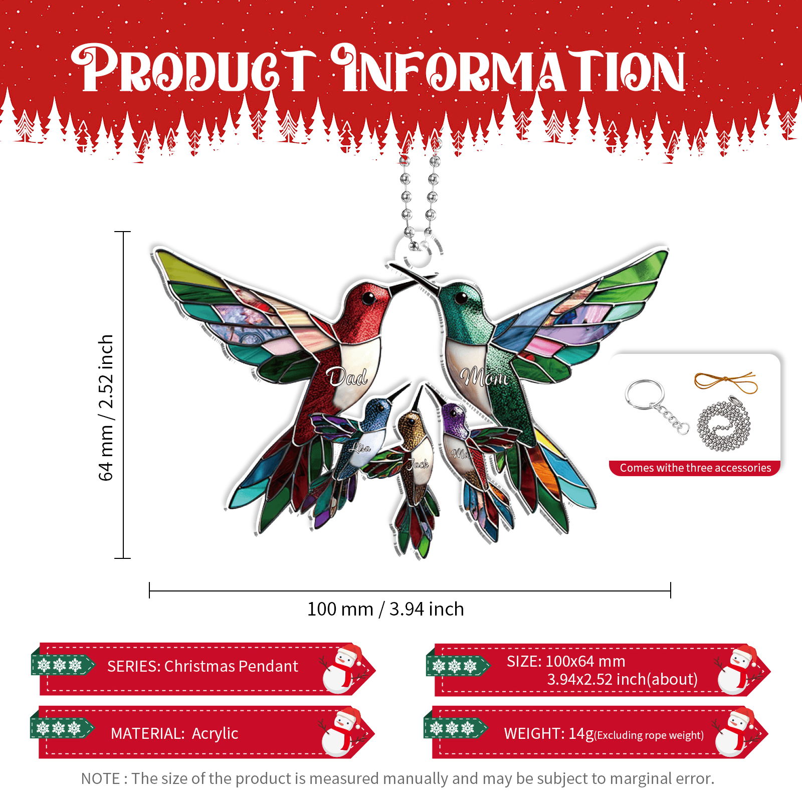 Personalized Hummingbird Family Christmas Ornament Custom 5 Names Gift