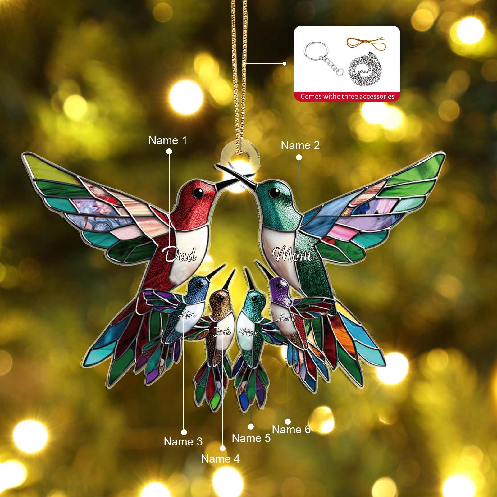 Personalized Hummingbird Family Christmas Ornament Custom 6 Names Gift