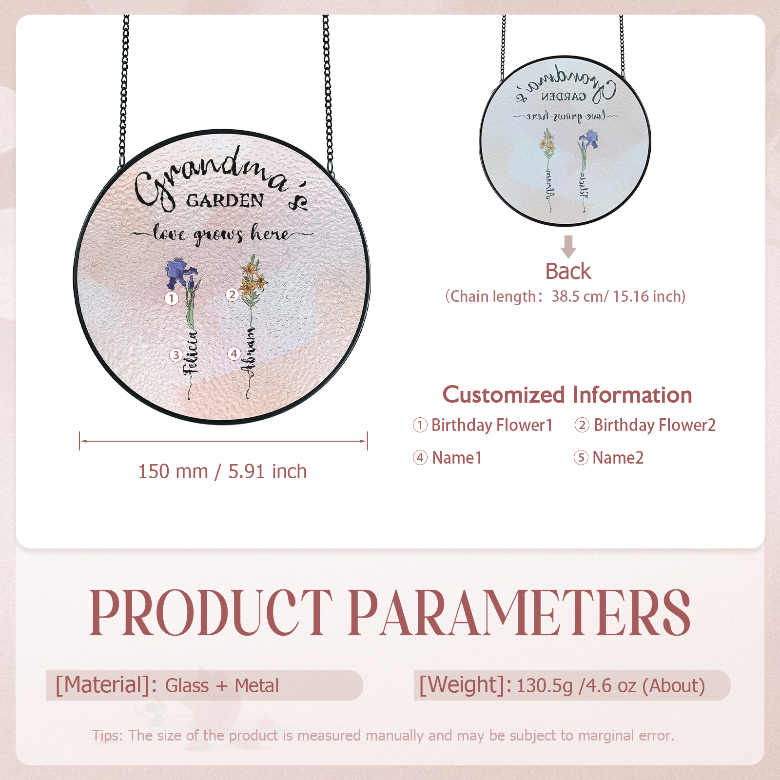 Personalized Garden Birthflower Suncatcher for Family with 2-6 Birthflowers Names