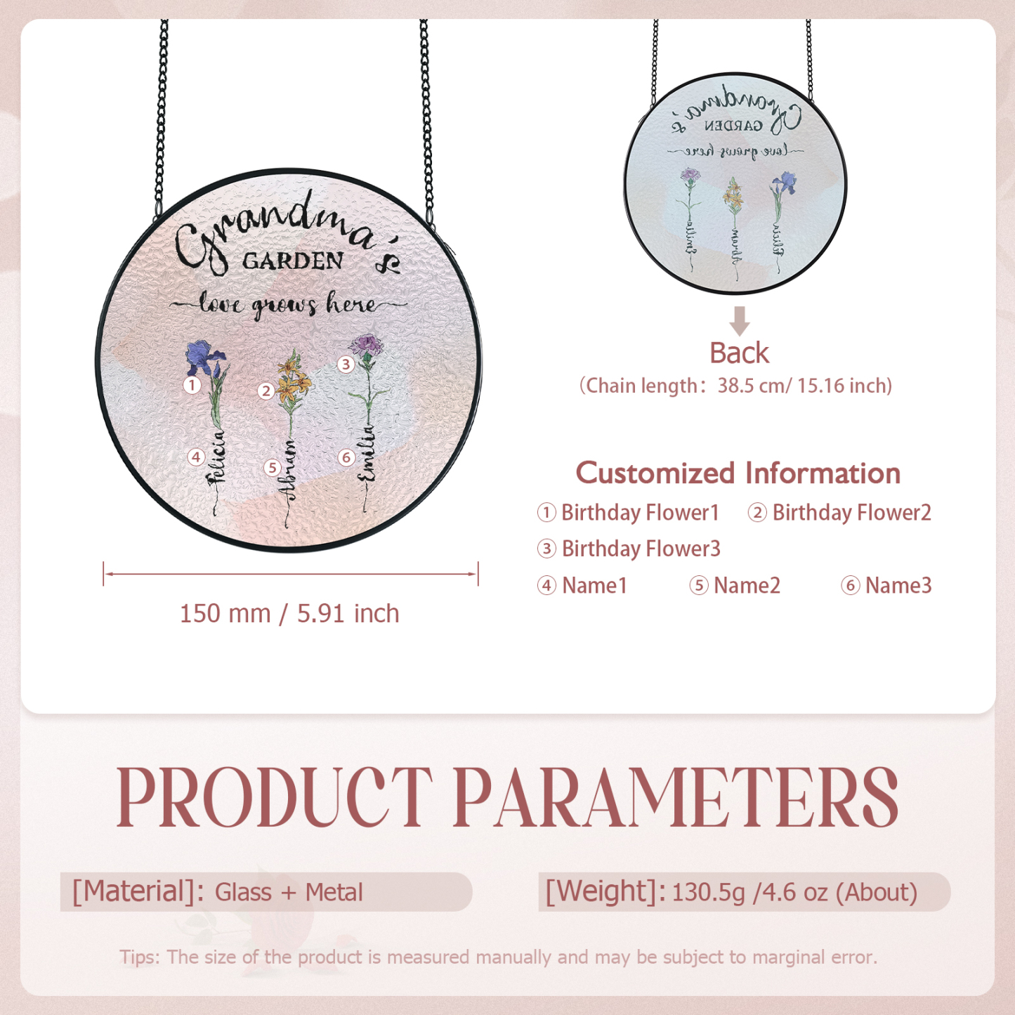 Personalized Garden Birthflower Suncatcher for Family with 2-6 Birthflowers Names