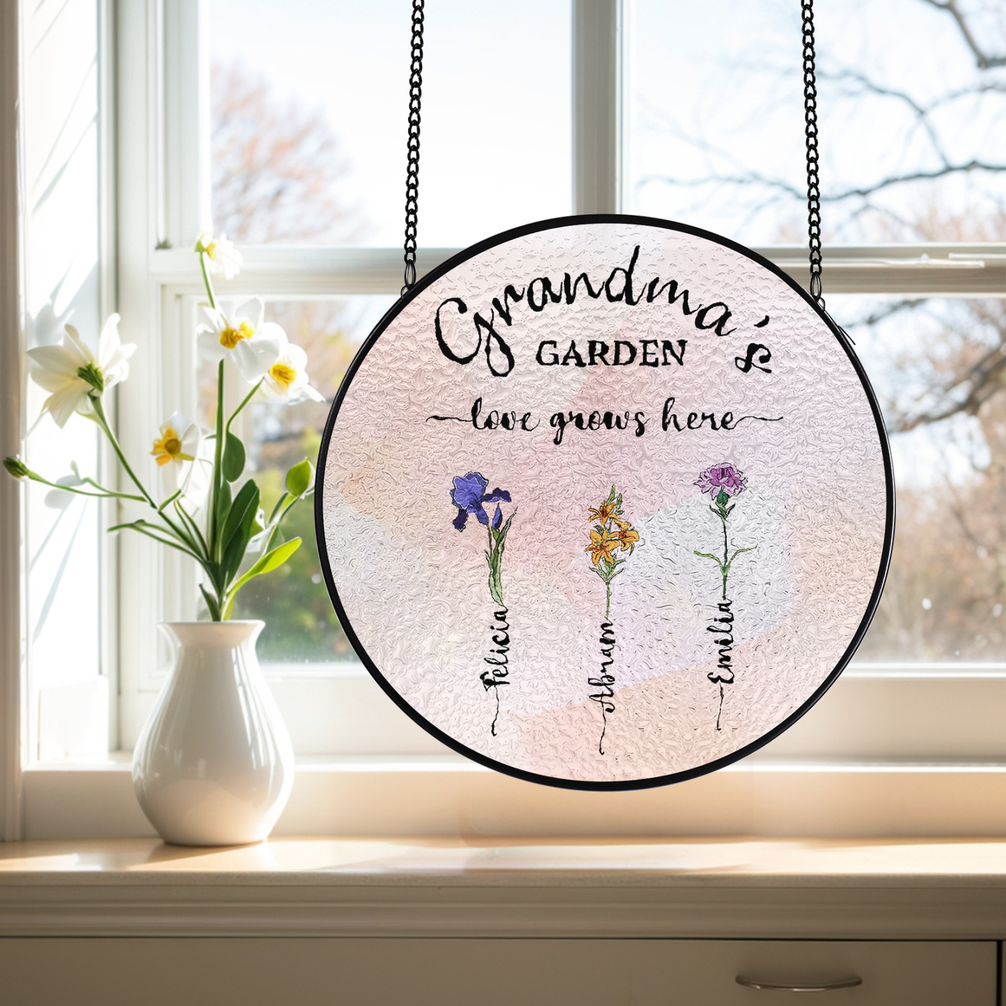 Personalized Garden Birthflower Suncatcher for Family with 2-6 Birthflowers Names