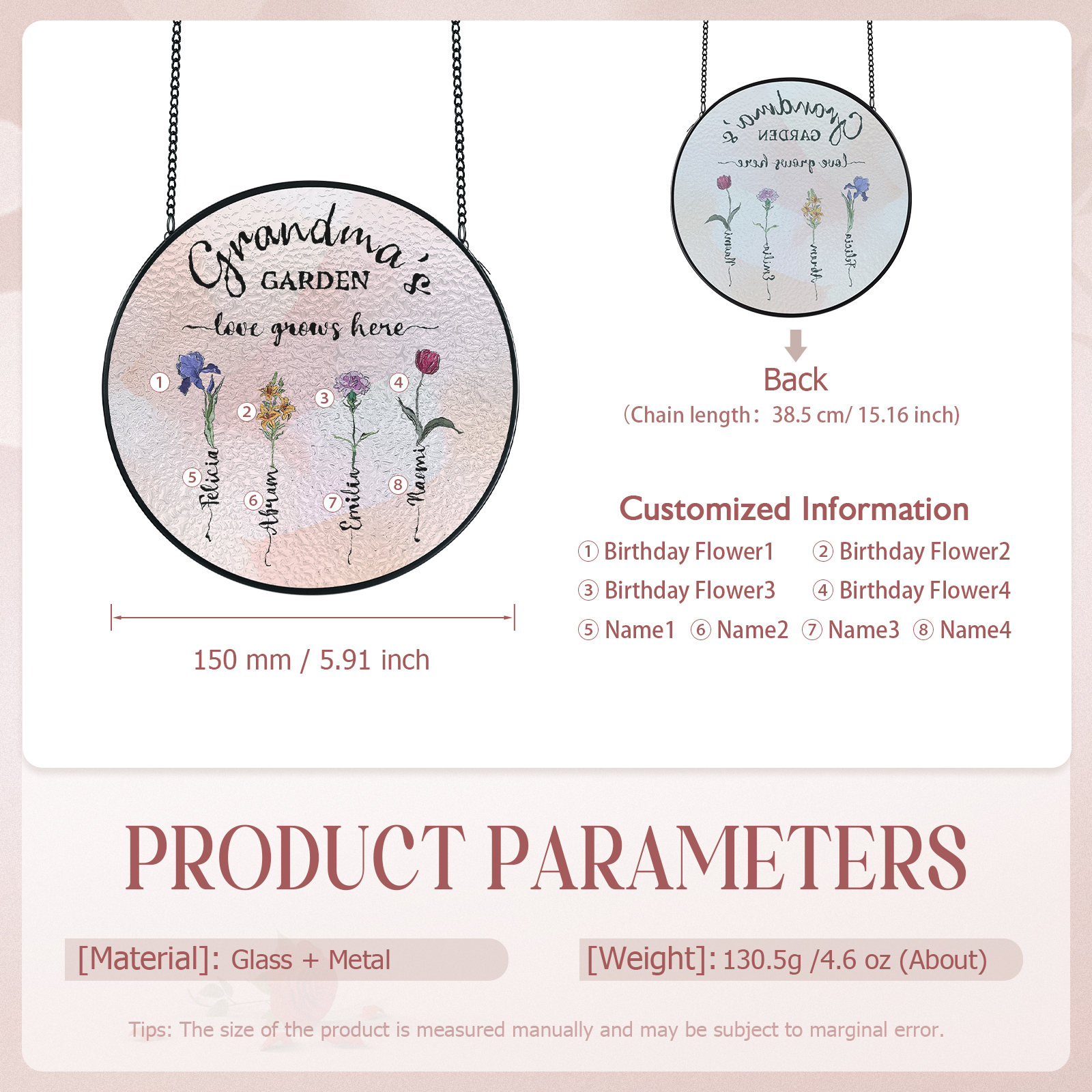 Personalized Garden Birthflower Suncatcher for Family with 2-6 Birthflowers Names