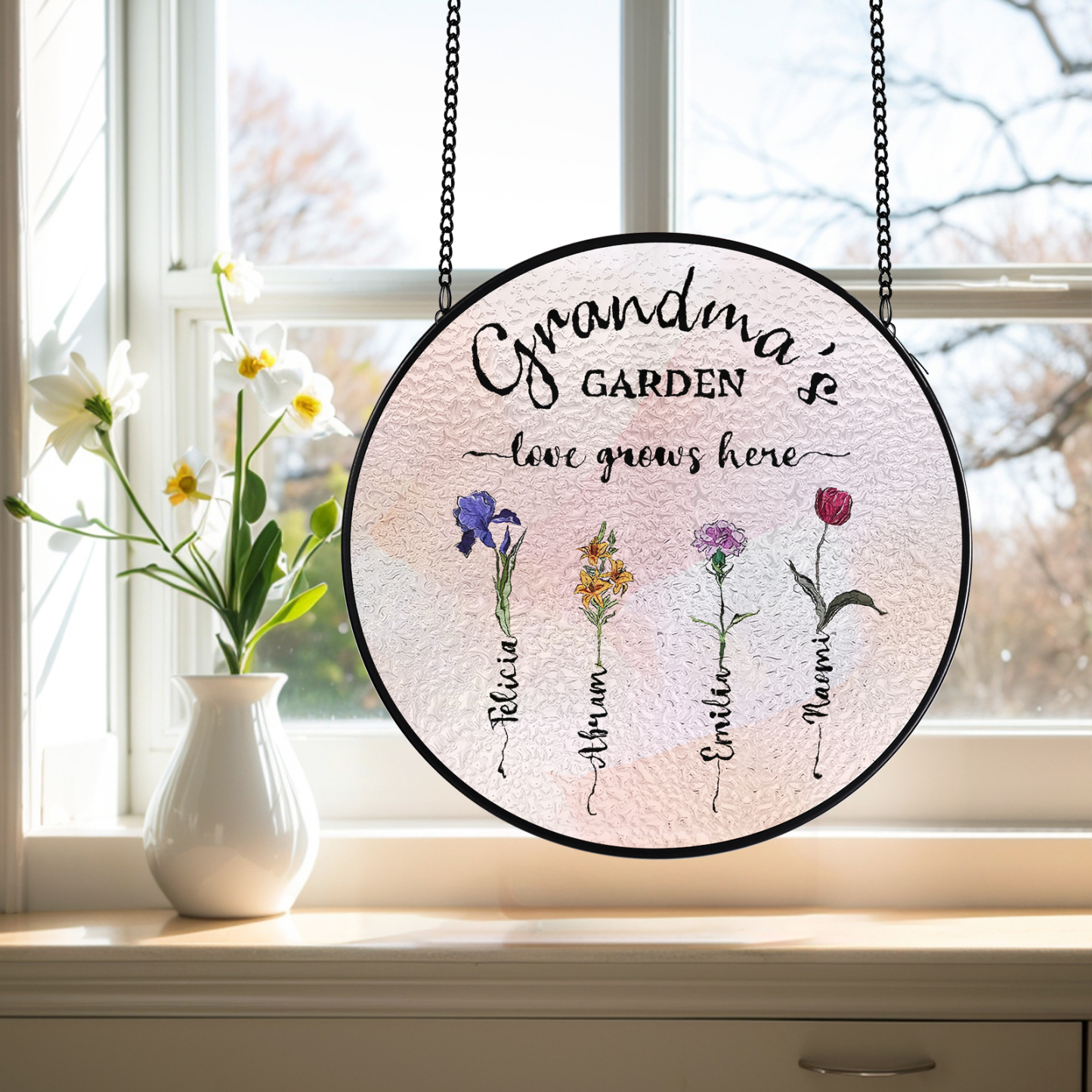 Personalized Garden Birthflower Suncatcher for Family with 2-6 Birthflowers Names