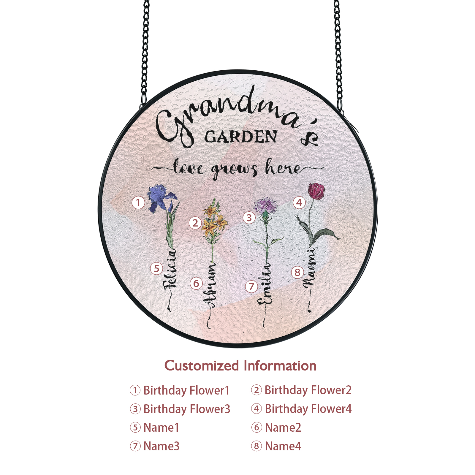 Personalized Garden Birthflower Suncatcher for Family with 2-6 Birthflowers Names