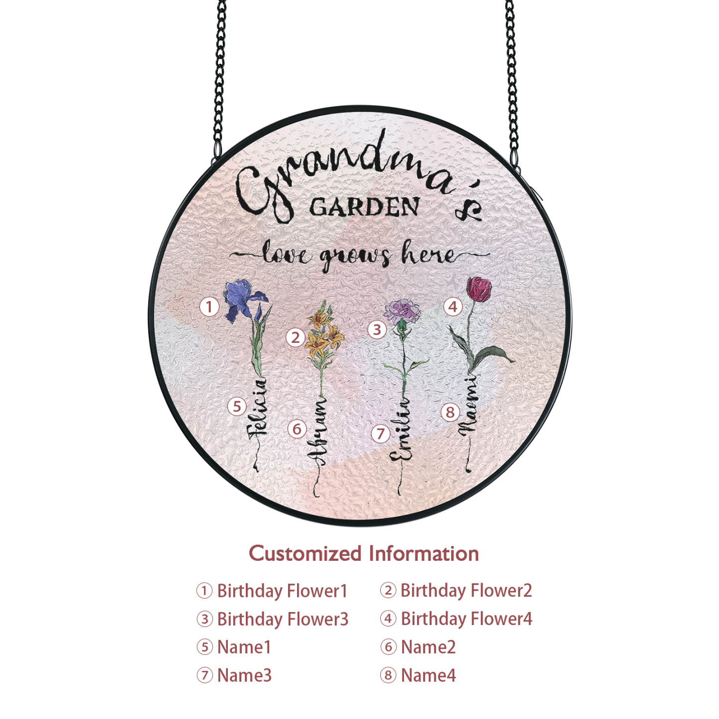 Personalized Garden Birthflower Suncatcher for Family with 2-6 Birthflowers Names