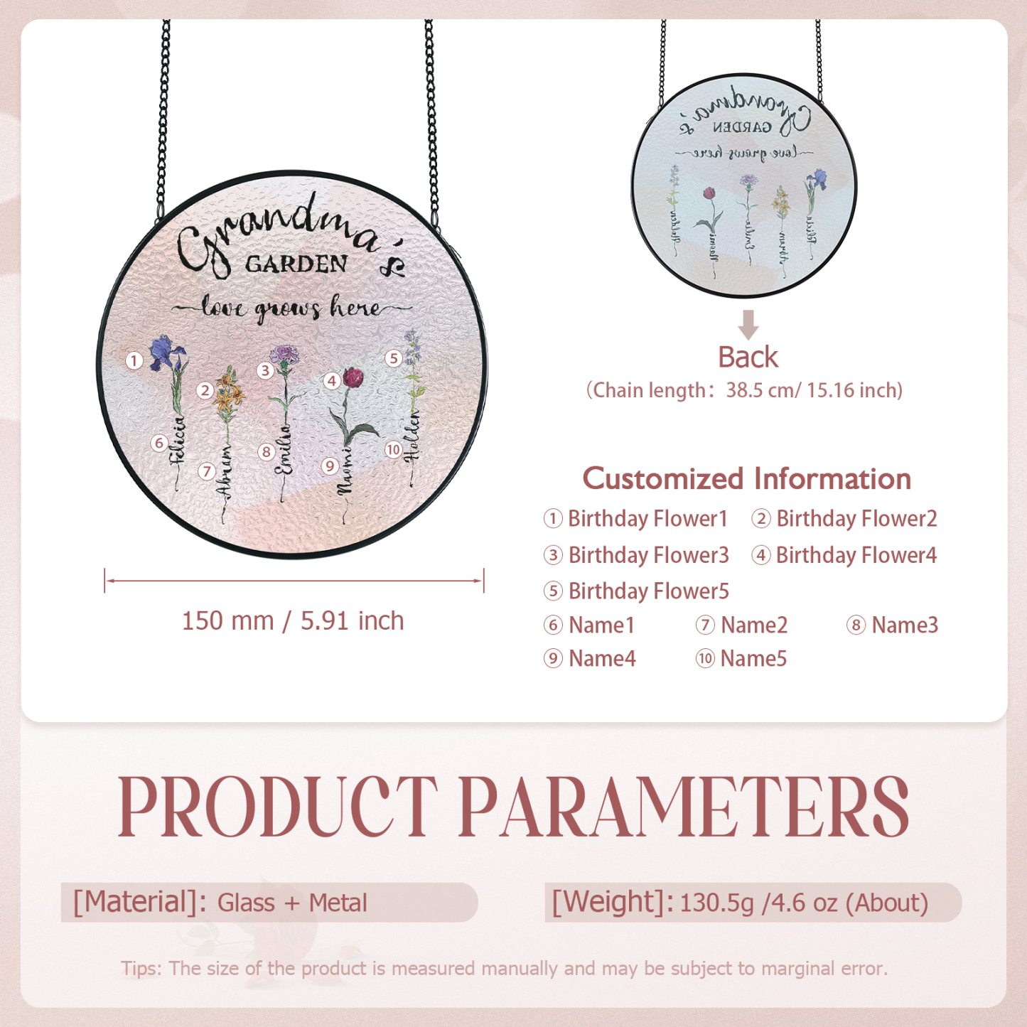 Personalized Garden Birthflower Suncatcher for Family with 2-6 Birthflowers Names