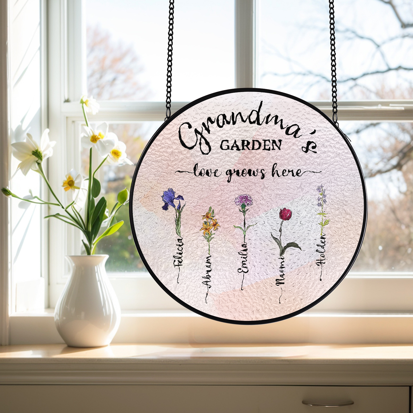 Personalized Garden Birthflower Suncatcher for Family with 2-6 Birthflowers Names