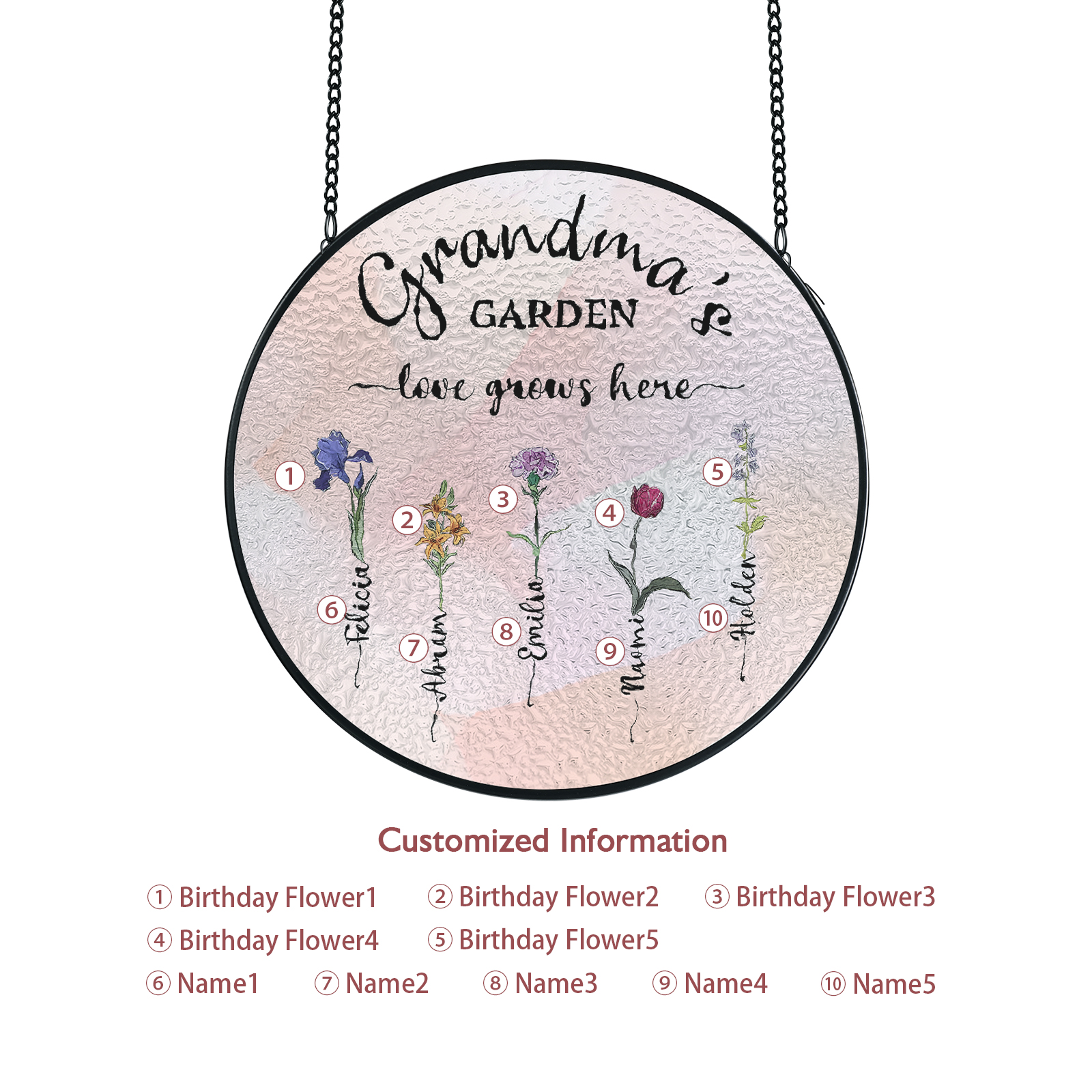 Personalized Garden Birthflower Suncatcher for Family with 2-6 Birthflowers Names