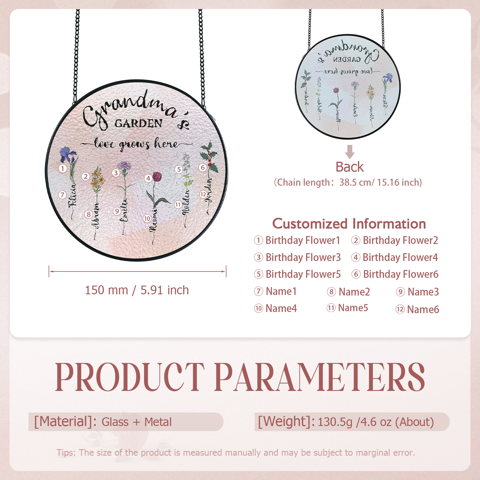 Personalized Garden Birthflower Suncatcher for Family with 2-6 Birthflowers Names