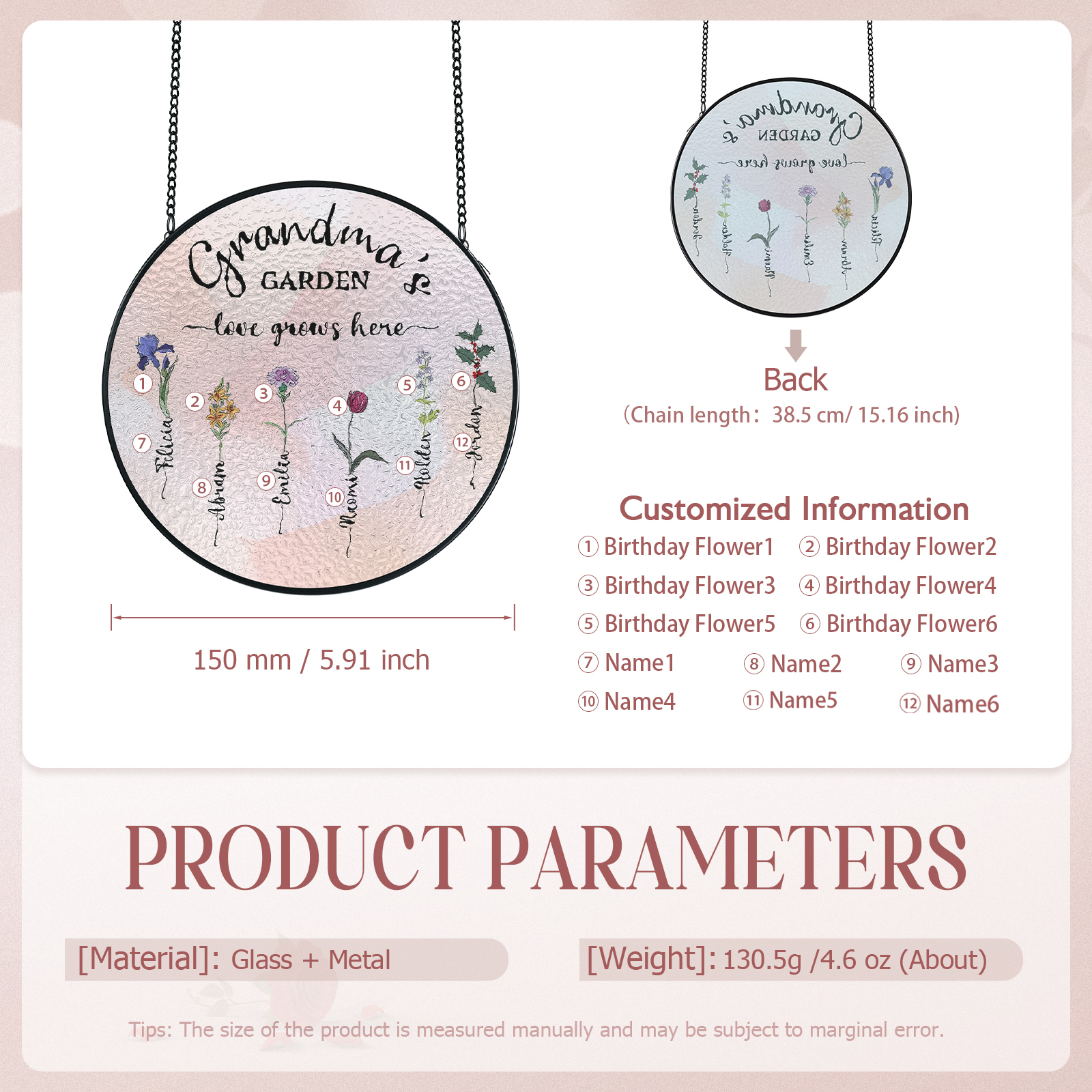 Personalized Garden Birthflower Suncatcher for Family with 2-6 Birthflowers Names