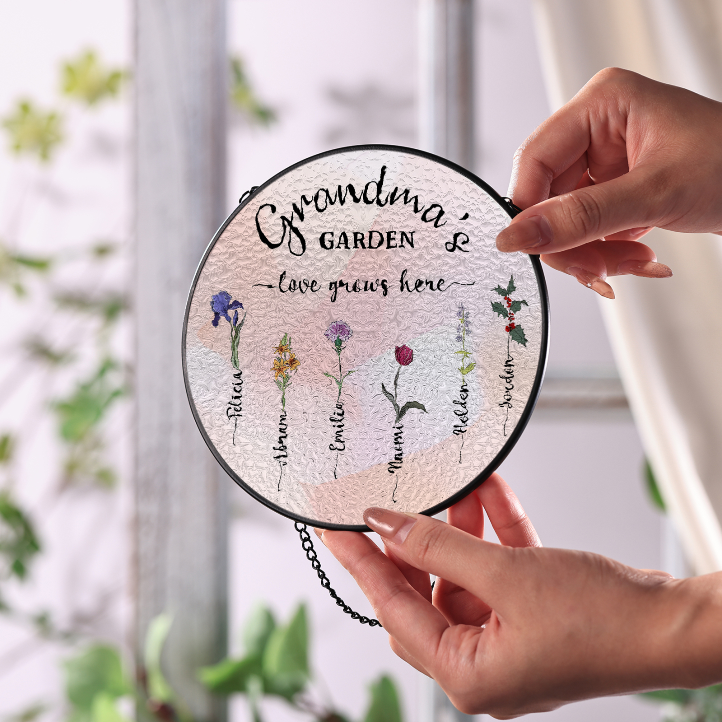 Personalized Garden Birthflower Suncatcher for Family with 2-6 Birthflowers Names