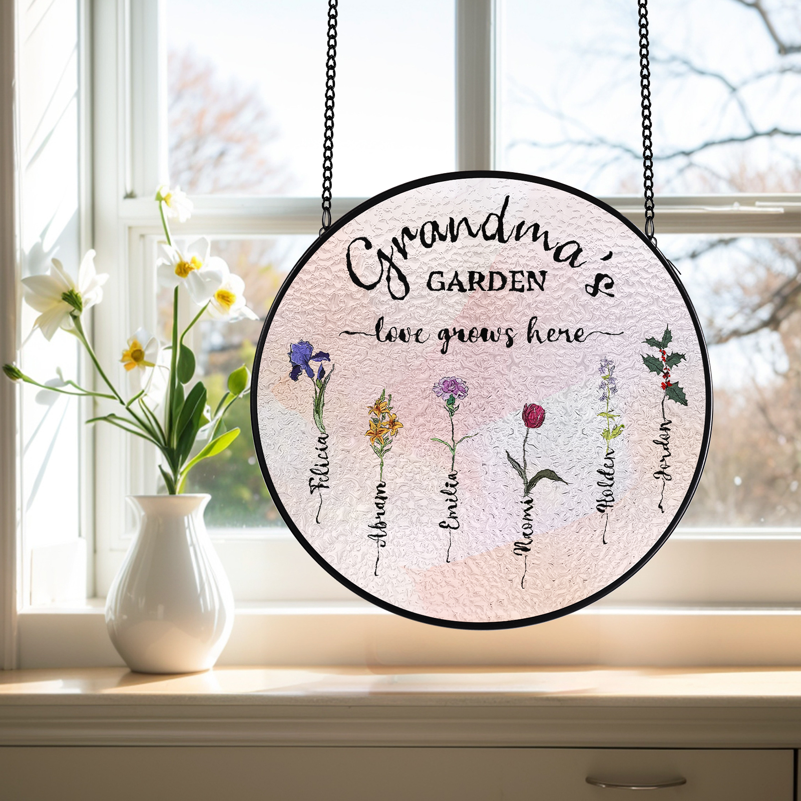 Personalized Garden Birthflower Suncatcher for Family with 2-6 Birthflowers Names