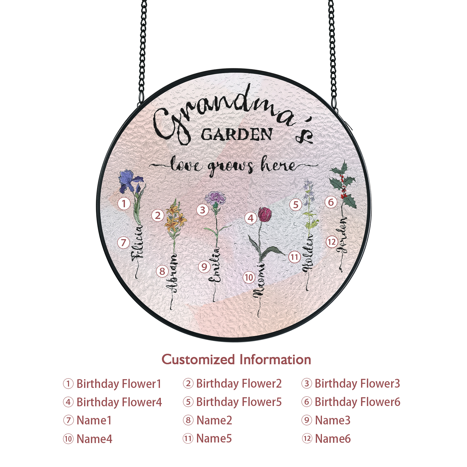 Personalized Garden Birthflower Suncatcher for Family with 2-6 Birthflowers Names