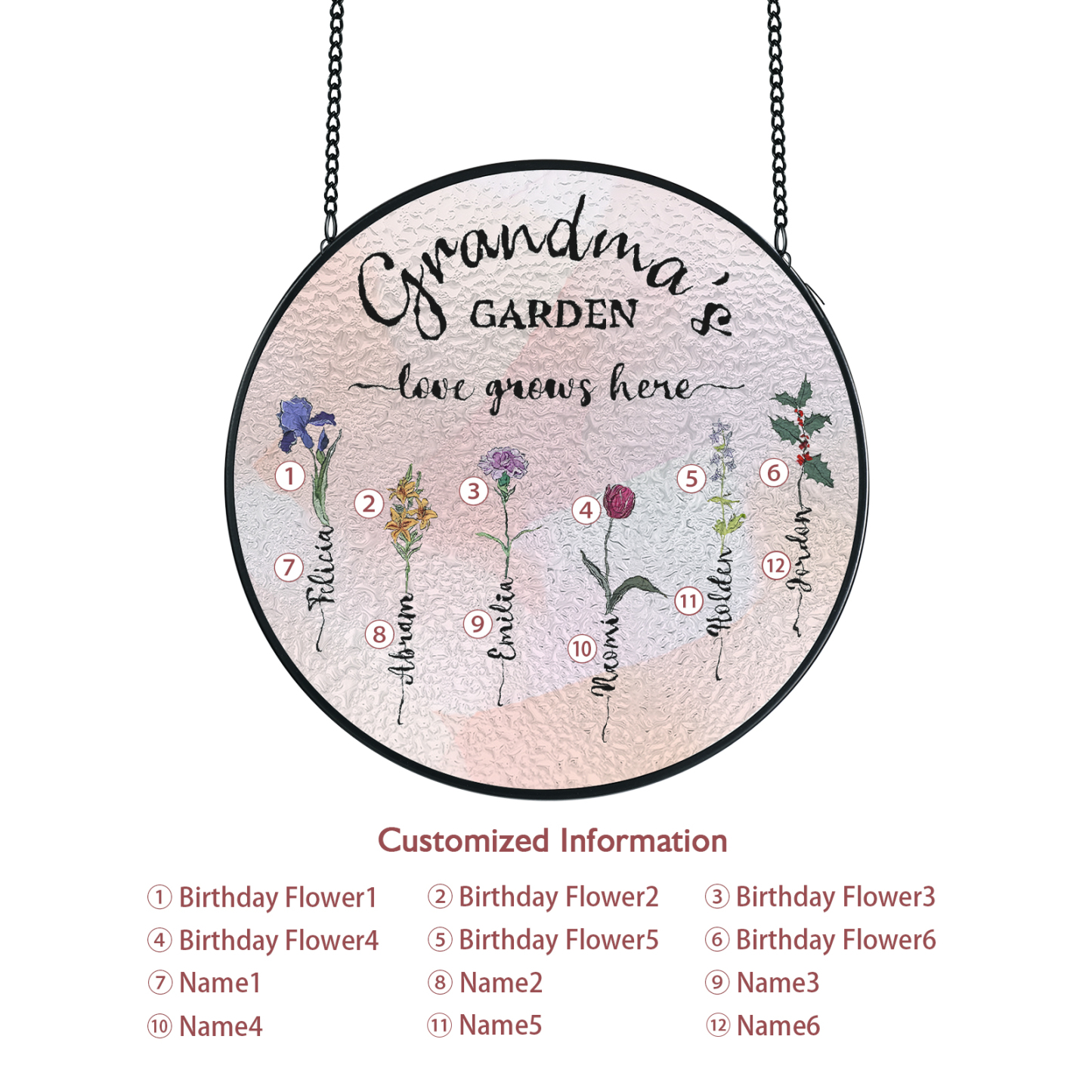 Personalized Garden Birthflower Suncatcher for Family with 2-6 Birthflowers Names