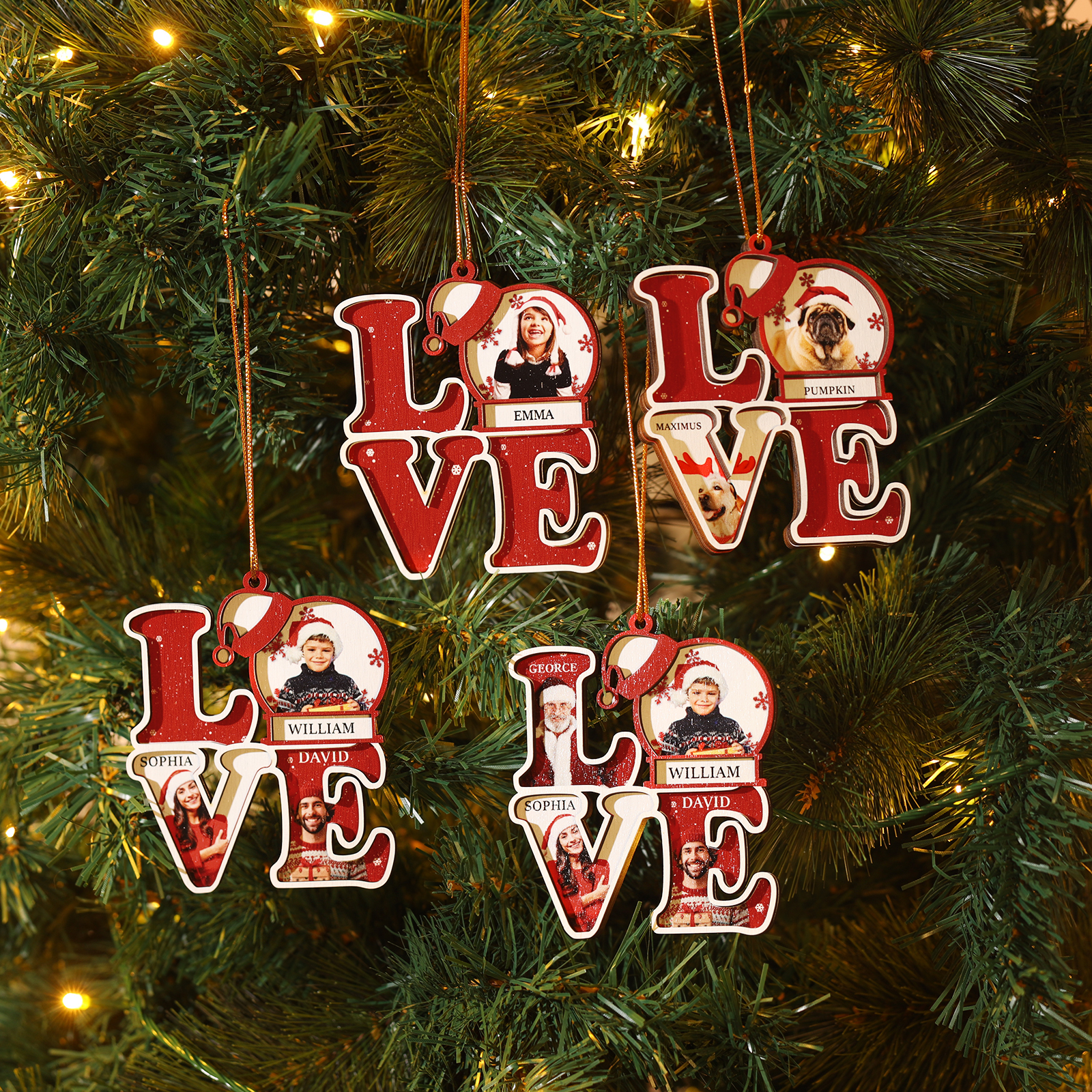 Personalized Family LOVE Christmas Ornament 4 Photos & Names