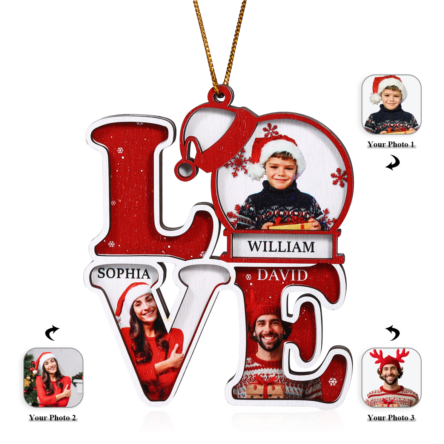 Personalized Christmas Ornament Custom Family Gift with 3 Photos & Names