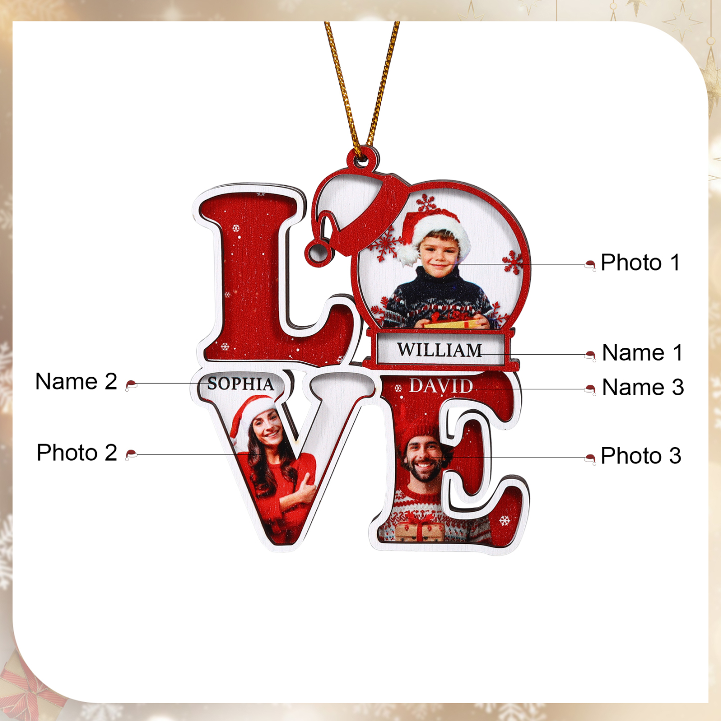 Personalized Christmas Ornament Custom Family Gift with 3 Photos & Names