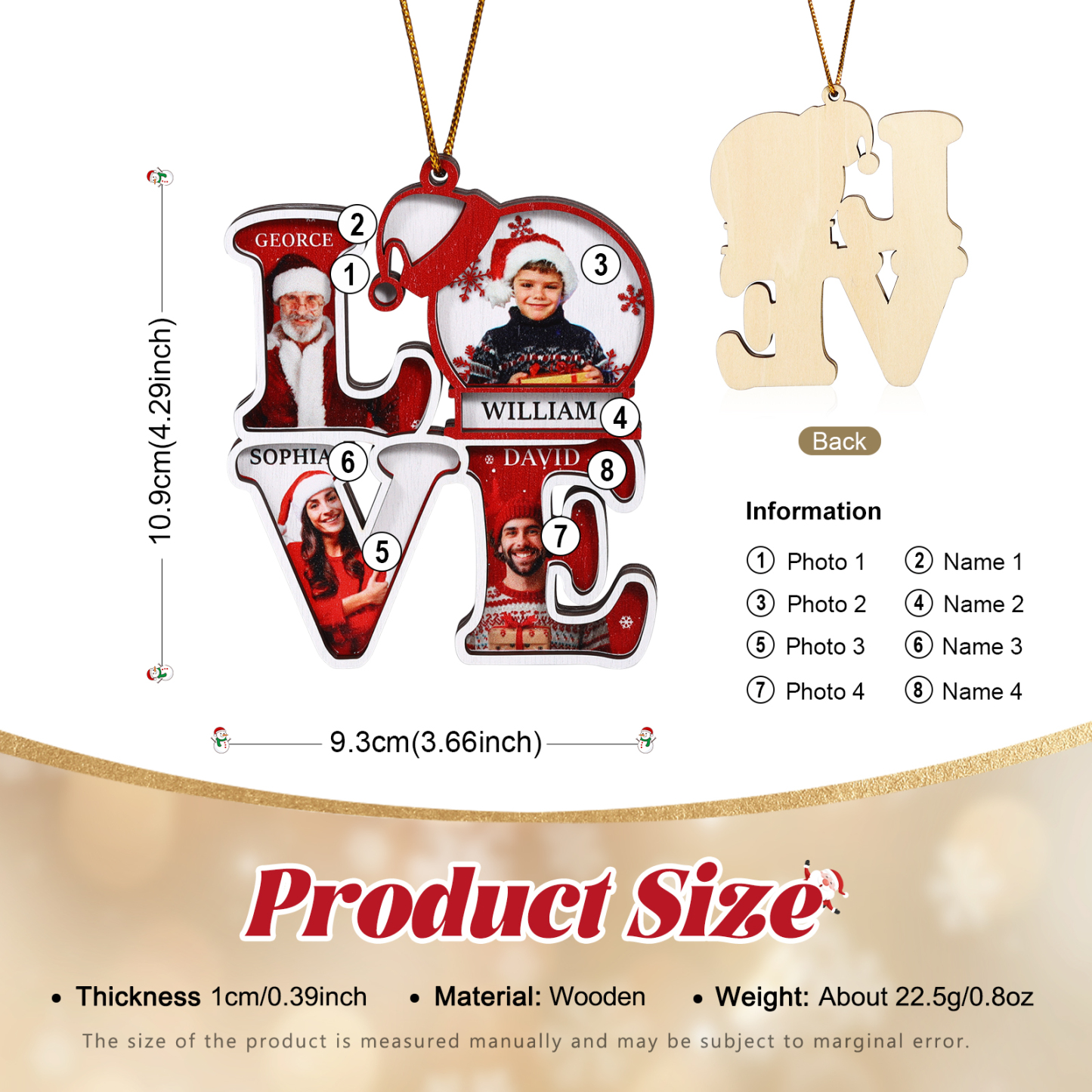 Personalized Family LOVE Christmas Ornament 4 Photos & Names