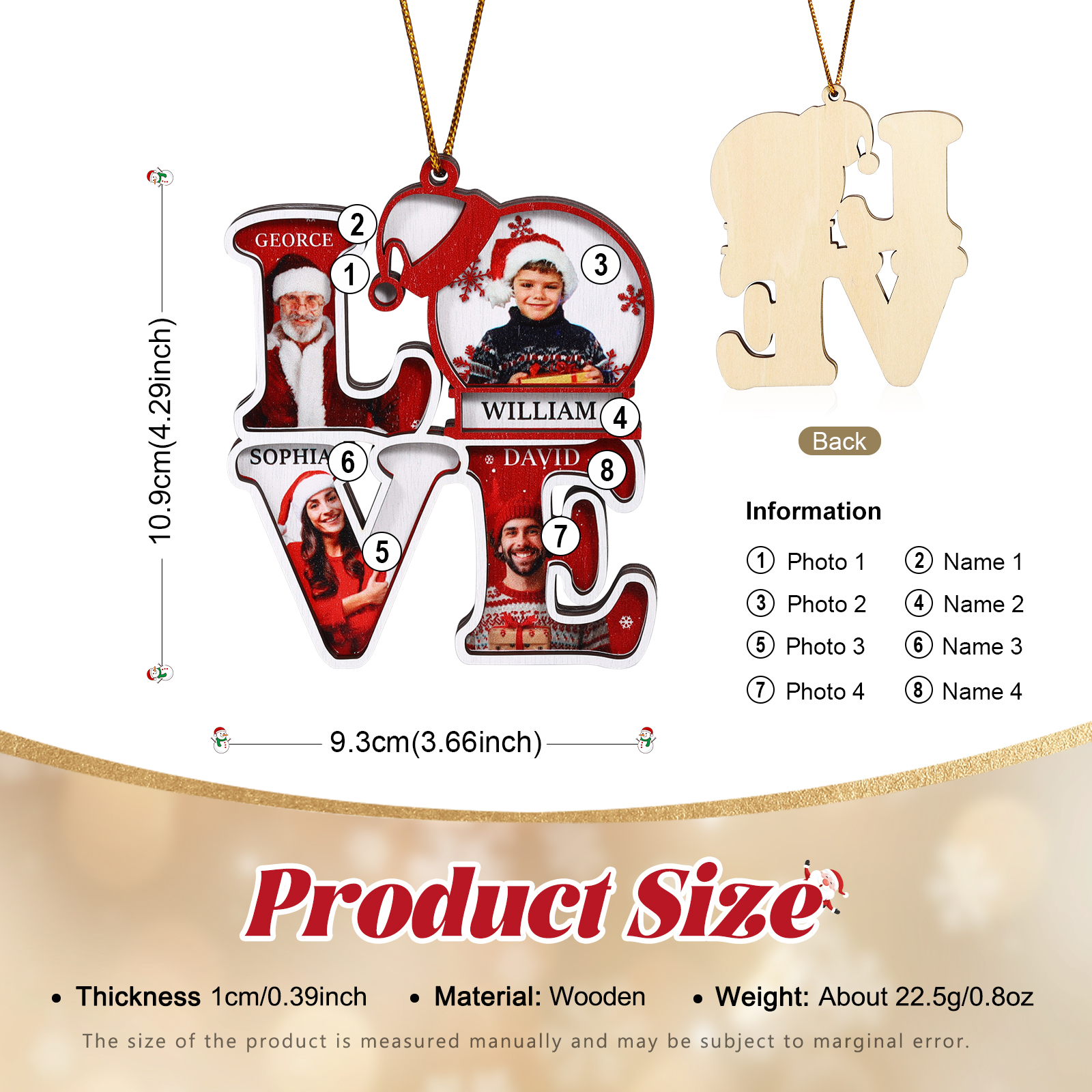 Personalized Family LOVE Christmas Ornament 4 Photos & Names