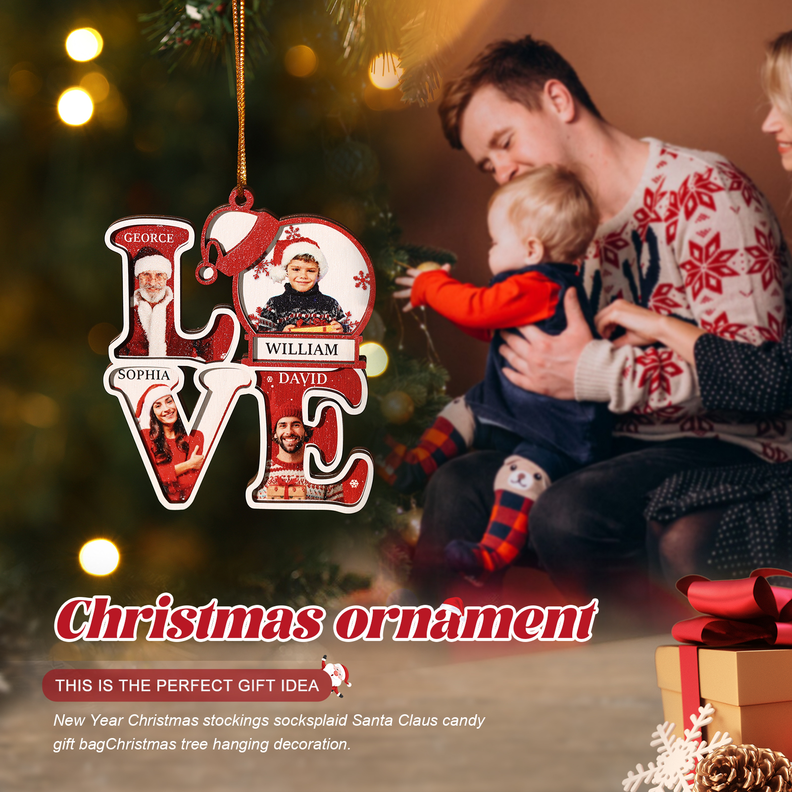 Personalized Family LOVE Christmas Ornament 4 Photos & Names