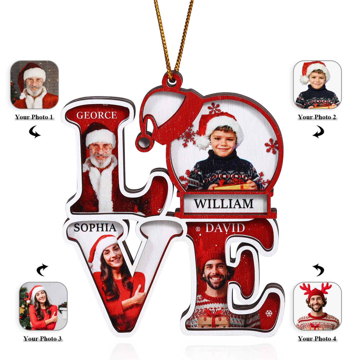 Personalized Family LOVE Christmas Ornament 4 Photos & Names