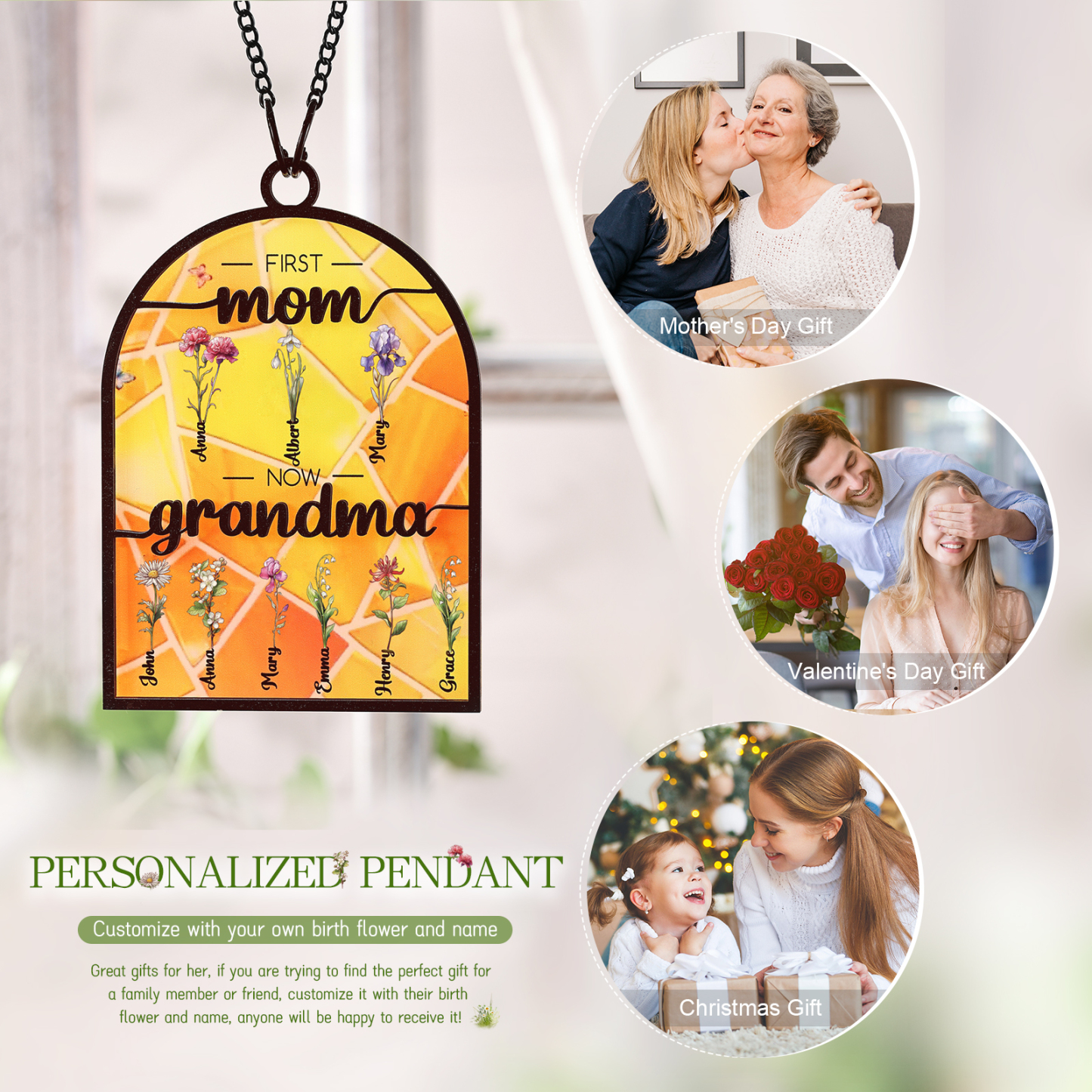 First Mom Now Grandma Family Personalized Window Hanging Suncatcher Gift For Mom Grandma