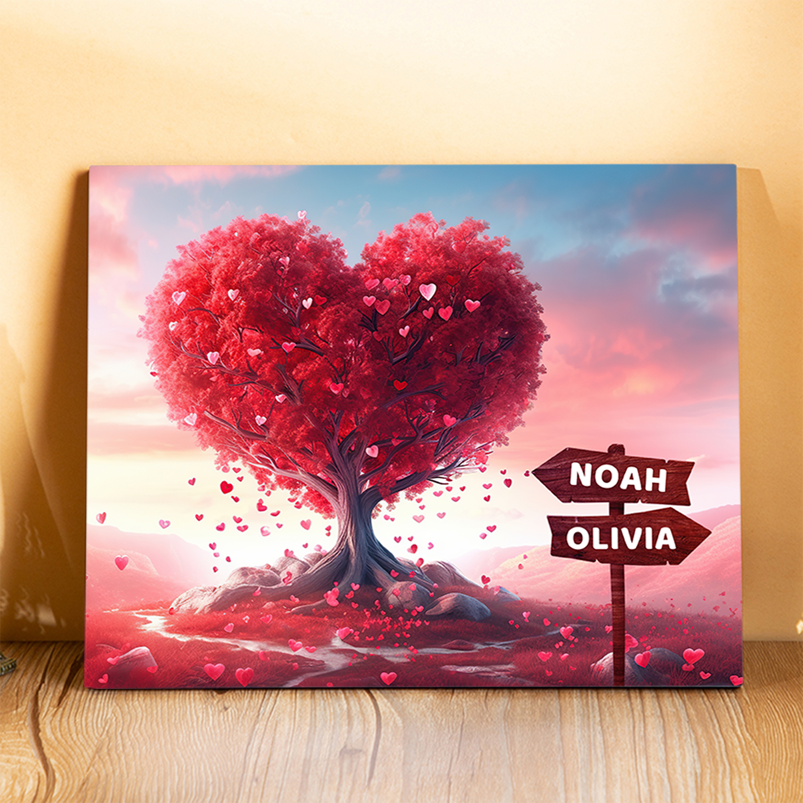 Personalized Heart Tree Wood Plaque Custom Family Gift with 2-6 Names Road Sign Frame
