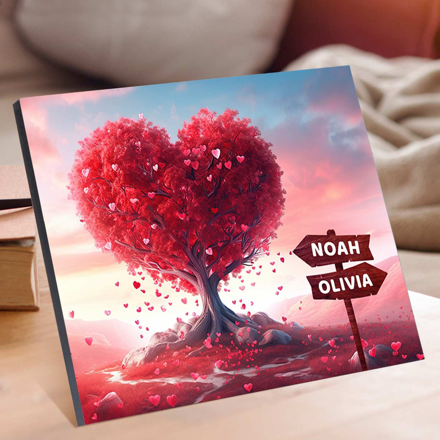 Personalized Heart Tree Wood Plaque Custom Family Gift with 2-6 Names Road Sign Frame