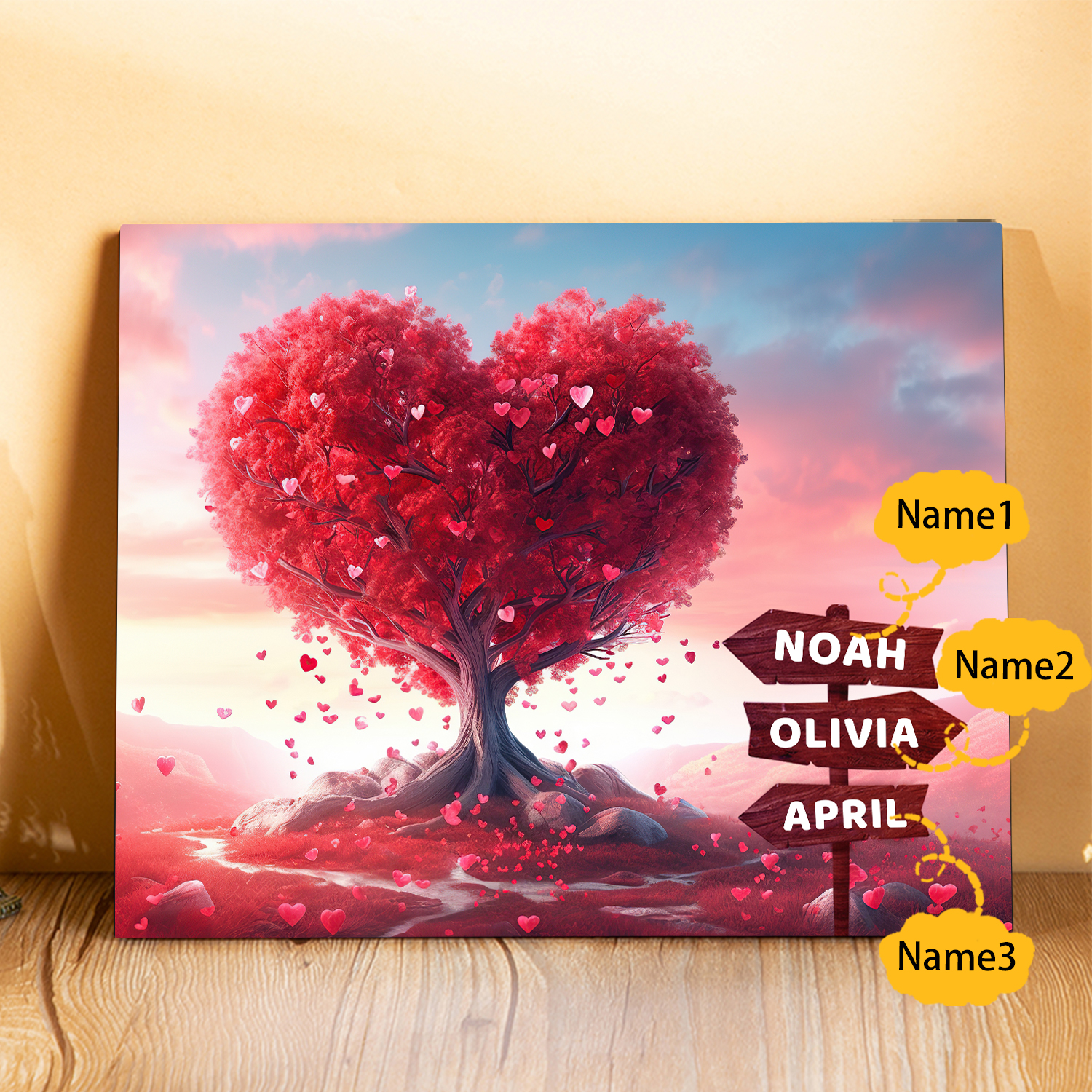 Personalized Heart Tree Wood Plaque Custom Family Gift with 2-6 Names Road Sign Frame