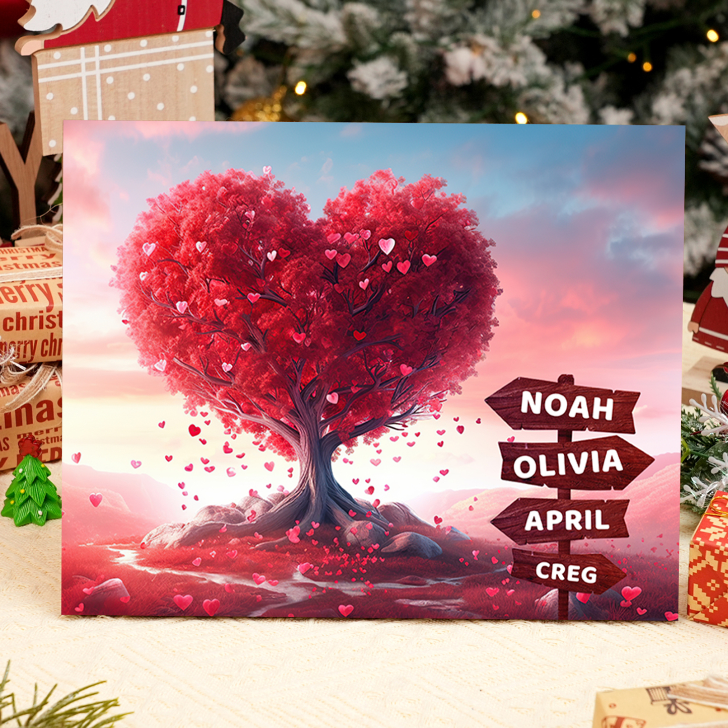 Personalized Heart Tree Wood Plaque Custom Family Gift with 2-6 Names Road Sign Frame