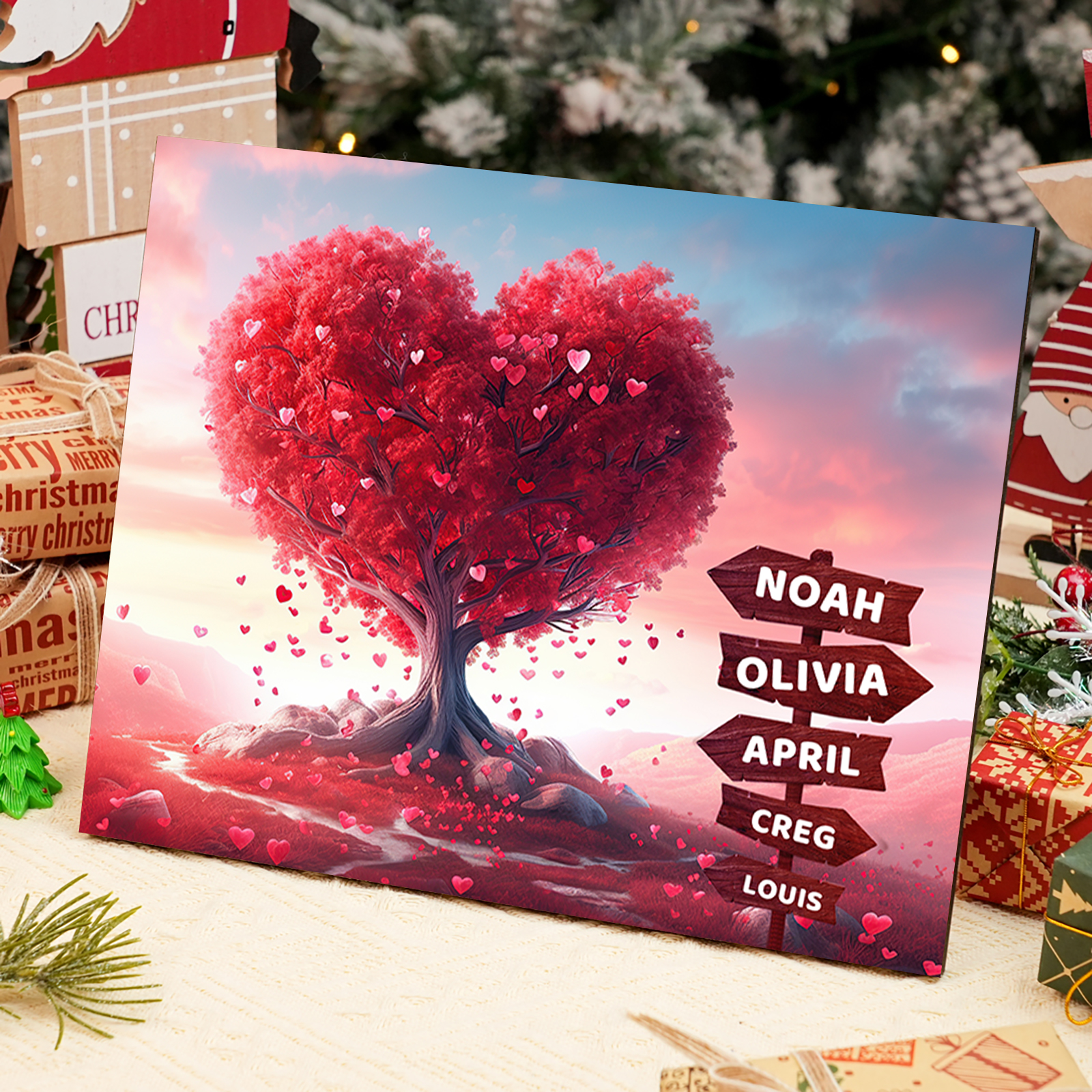 Personalized Heart Tree Wood Plaque Custom Family Gift with 2-6 Names Road Sign Frame