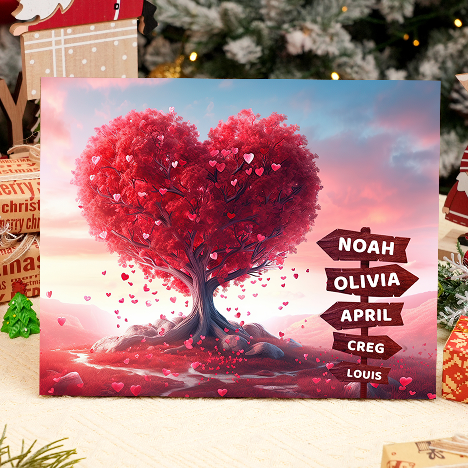 Personalized Heart Tree Wood Plaque Custom Family Gift with 2-6 Names Road Sign Frame