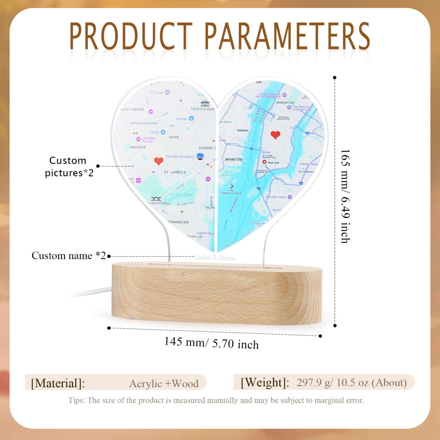 Personalized Two Location Heart Night Light Custom Map Print for Long Distance Love Anniversary and Couple Gifts