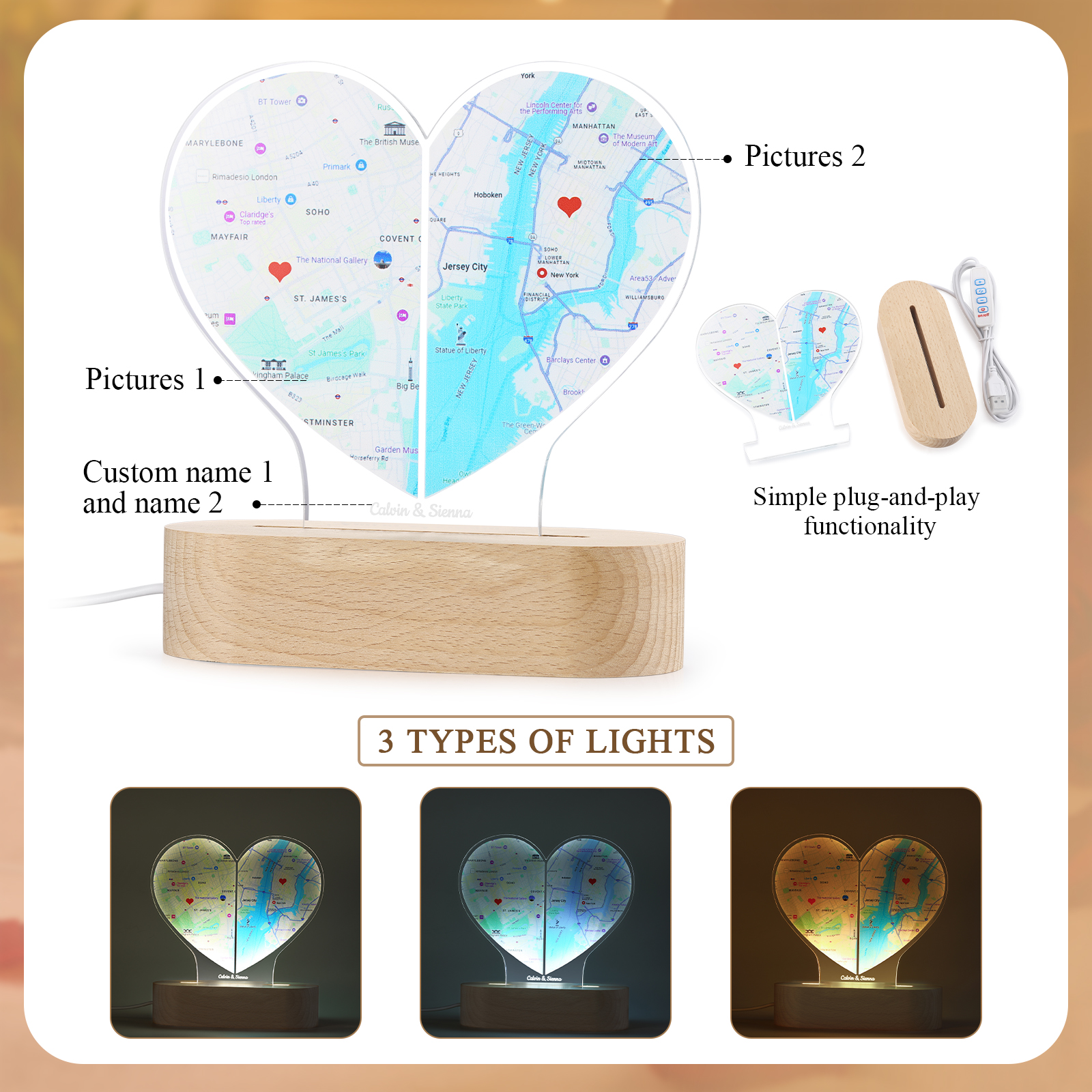 Personalized Two Location Heart Night Light Custom Map Print for Long Distance Love Anniversary and Couple Gifts