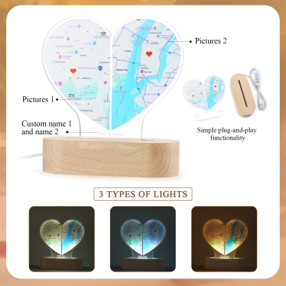 Personalized Two Location Heart Night Light Custom Map Print for Long Distance Love Anniversary and Couple Gifts