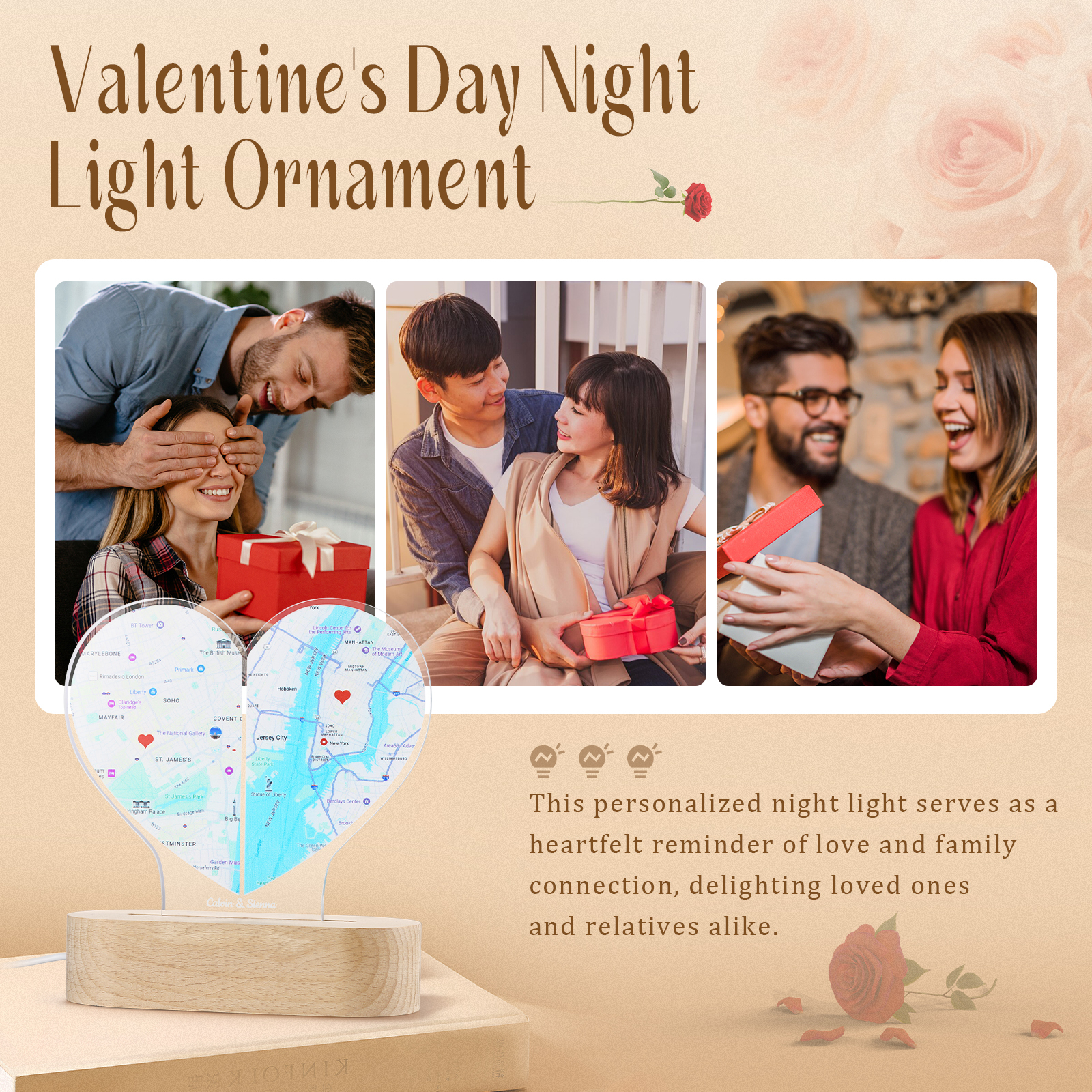 Personalized Two Location Heart Night Light Custom Map Print for Long Distance Love Anniversary and Couple Gifts