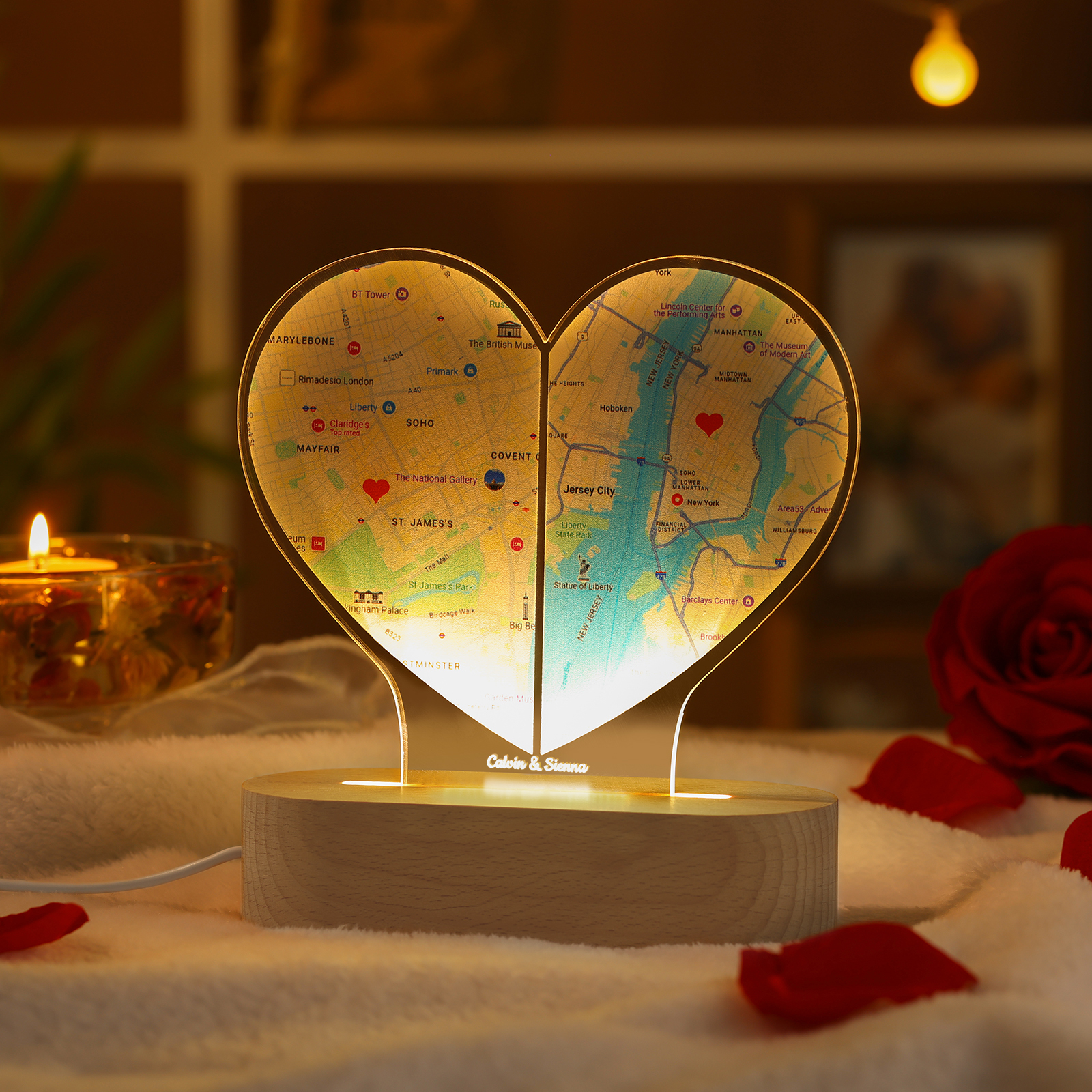 Personalized Two Location Heart Night Light Custom Map Print for Long Distance Love Anniversary and Couple Gifts