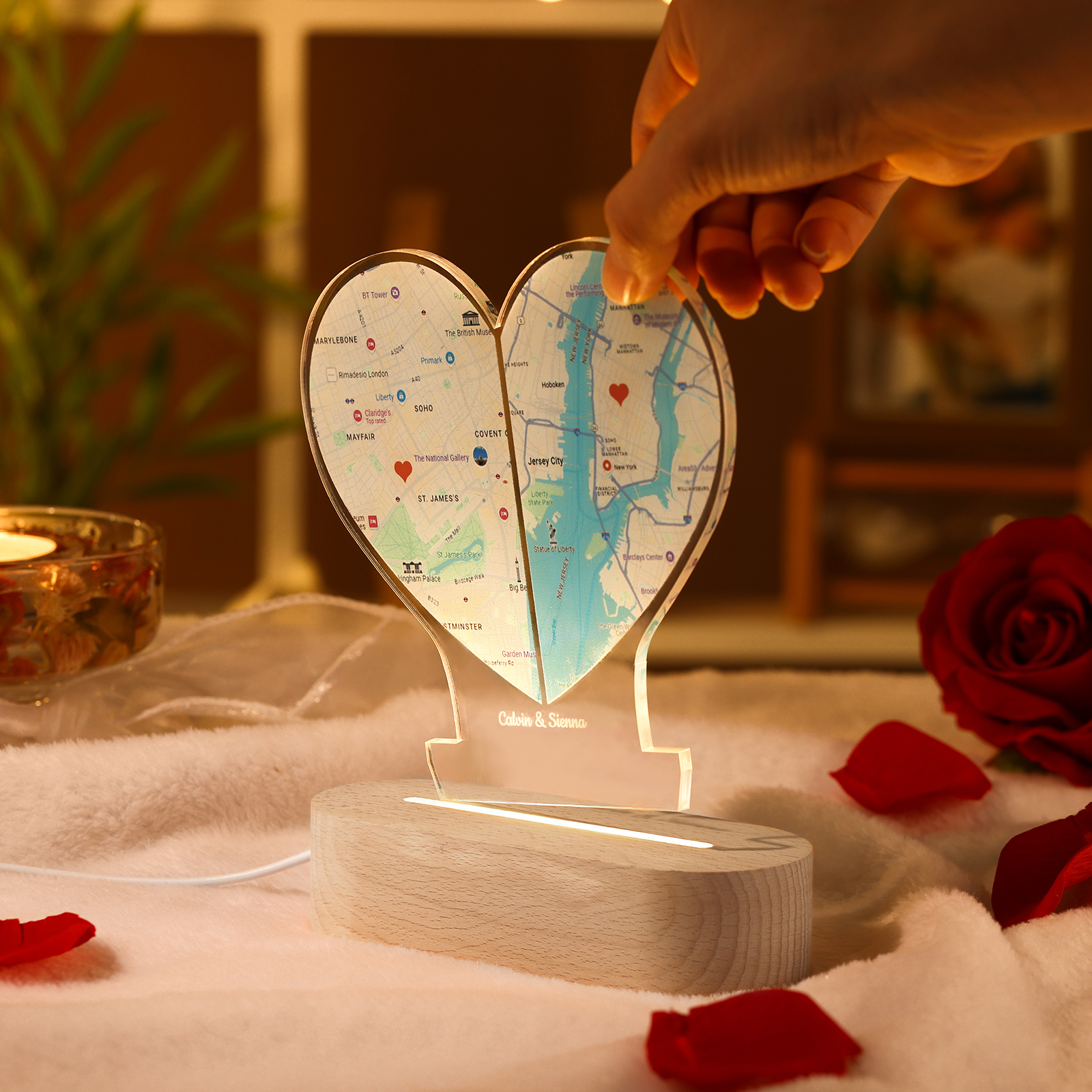 Personalized Two Location Heart Night Light Custom Map Print for Long Distance Love Anniversary and Couple Gifts