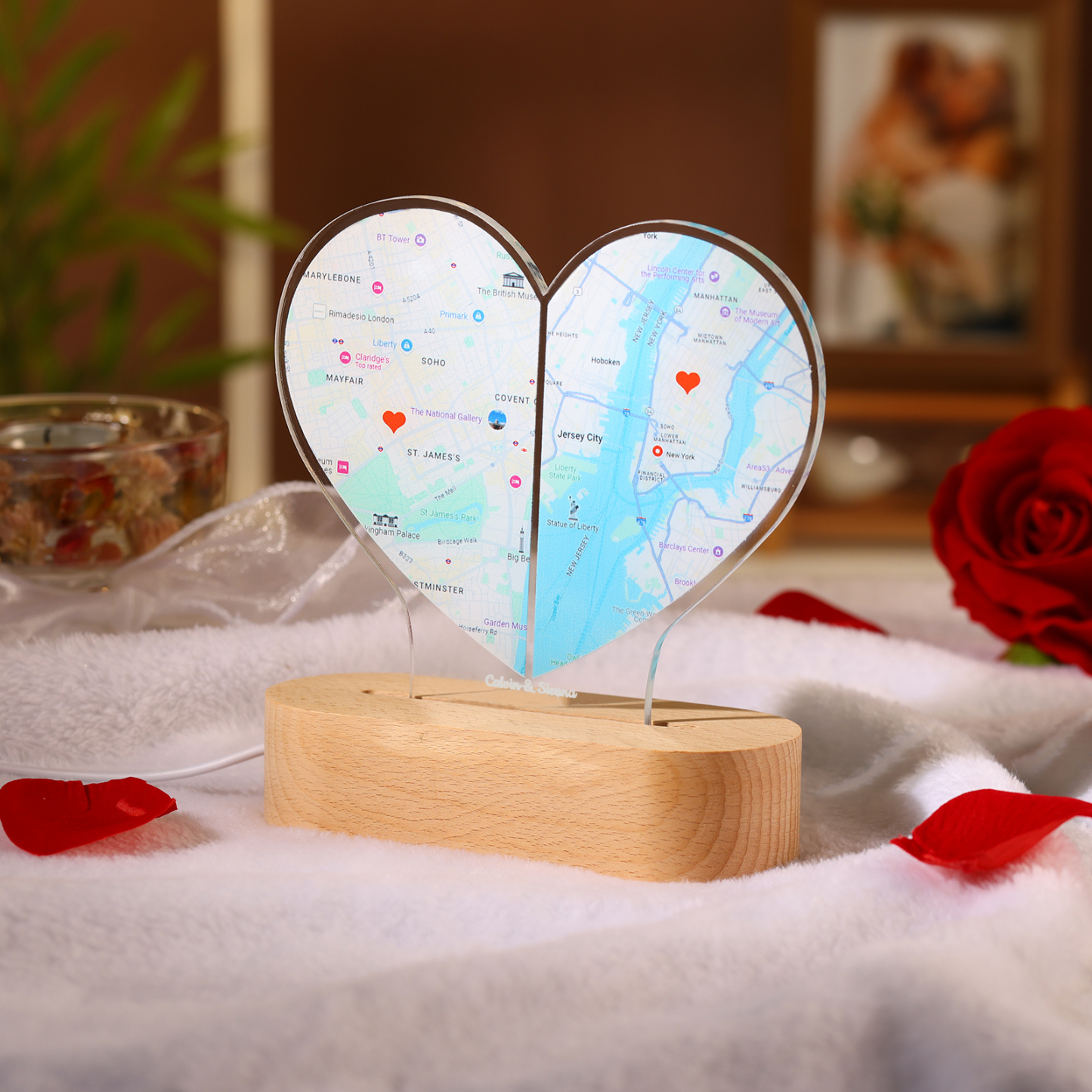 Personalized Two Location Heart Night Light Custom Map Print for Long Distance Love Anniversary and Couple Gifts