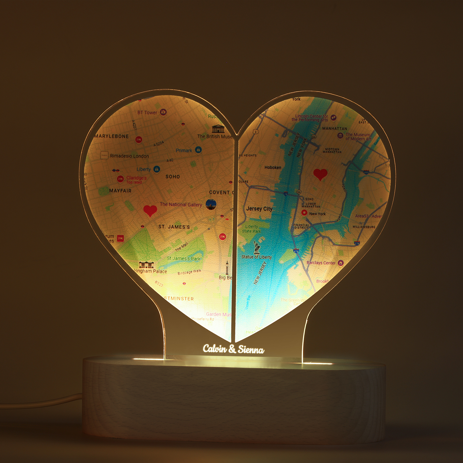 Personalized Two Location Heart Night Light Custom Map Print for Long Distance Love Anniversary and Couple Gifts